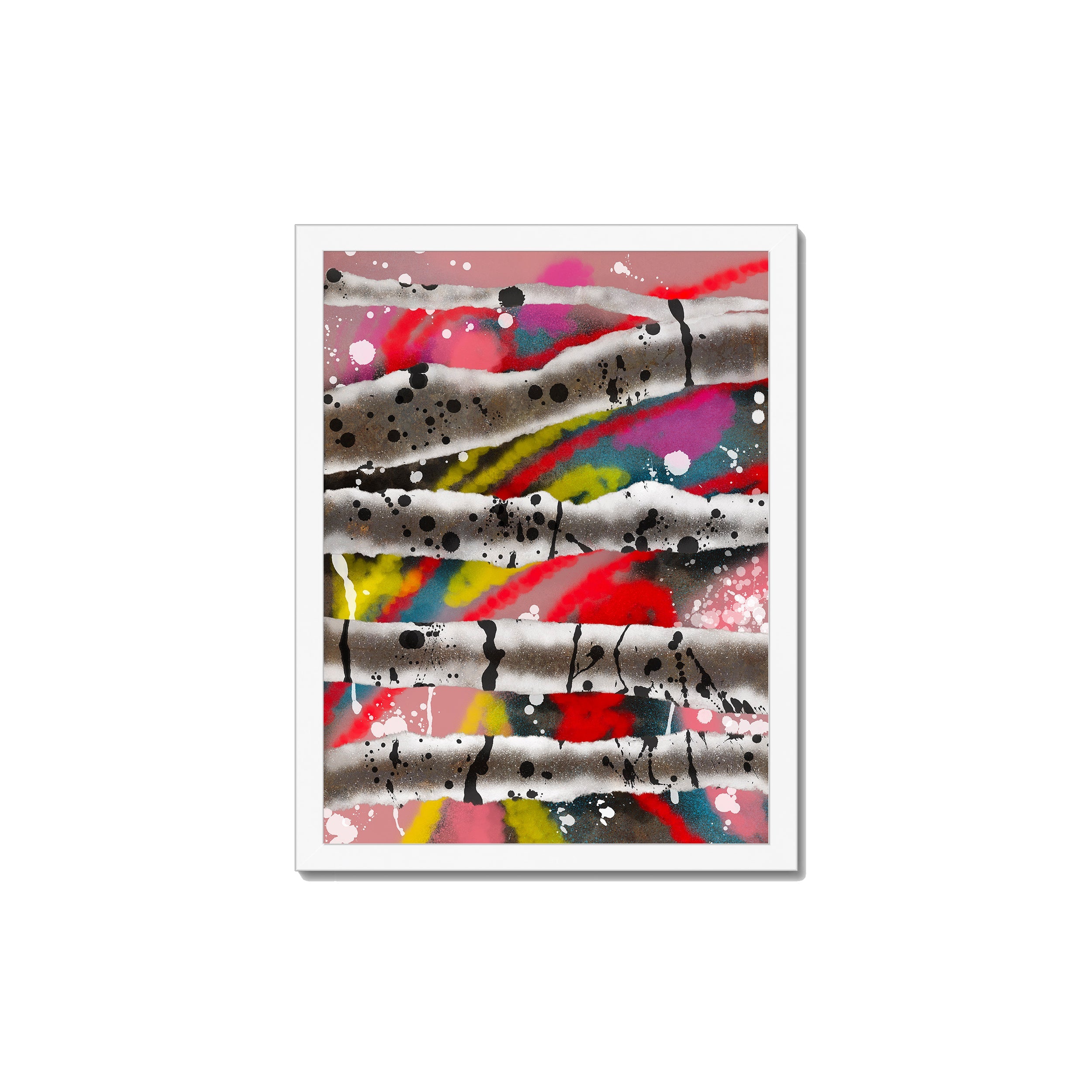 Broken Beat 08 – 30×40 cm fine art print in white box frame (12×16"). Layered abstract composition. Hahnemühle German Etching 310gsm. Ready to hang.