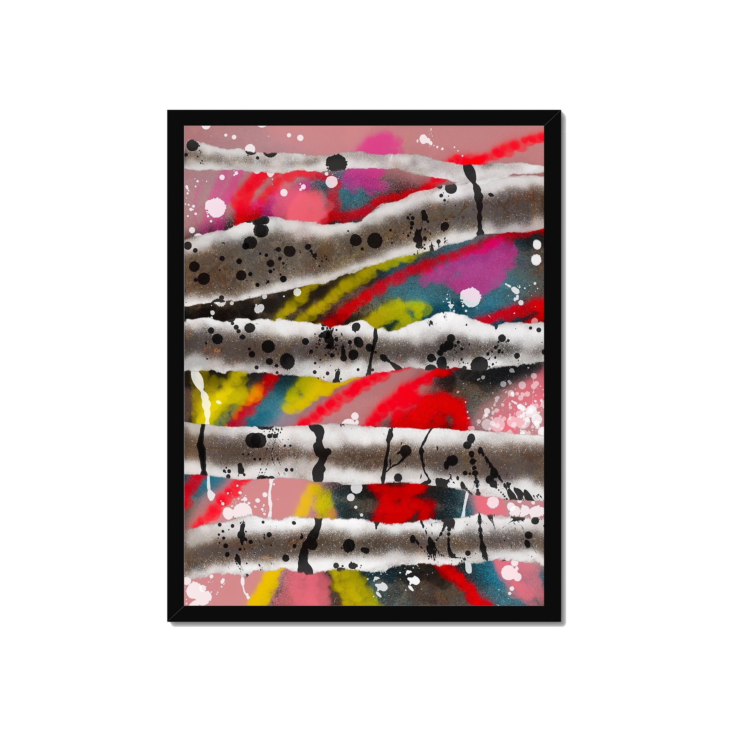 Broken Beat 08 – 45×60 cm fine art print in black box frame (18×24"). Layered abstract composition. Hahnemühle German Etching 310gsm. Ready to hang.
