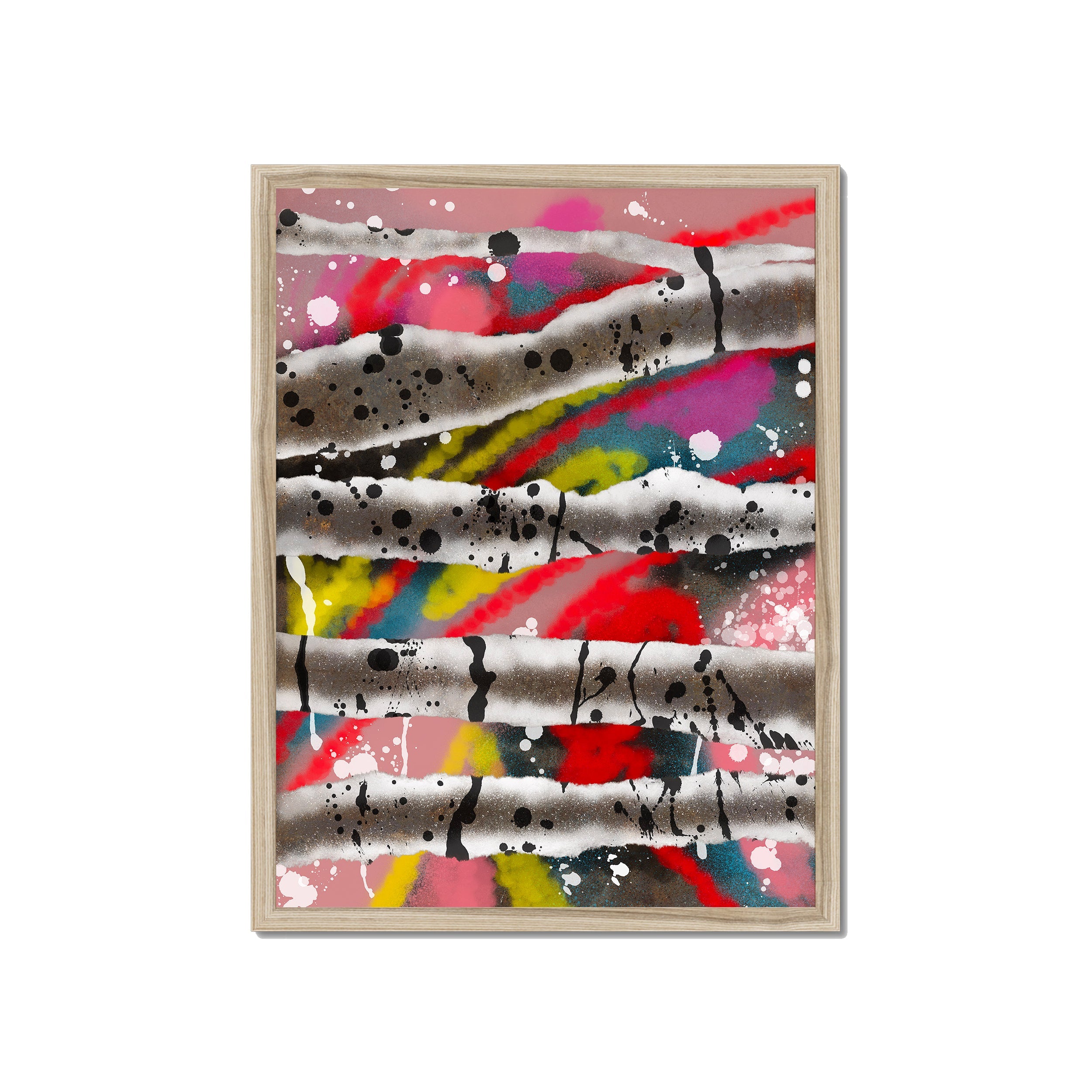 Broken Beat 08 – 45×60 cm fine art print in natural wood box frame (18×24"). Layered abstract composition. Hahnemühle German Etching 310gsm. Ready to hang.
