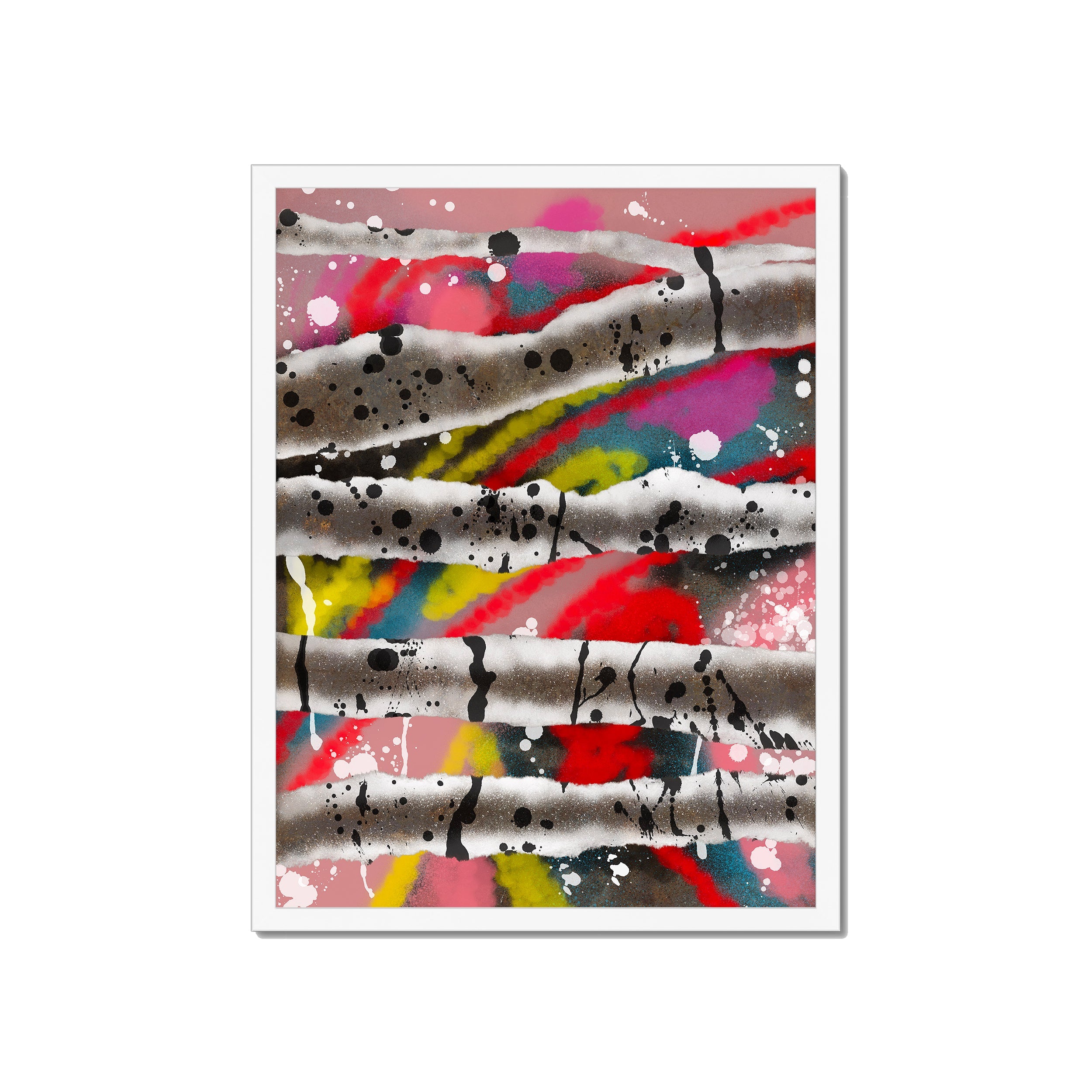 Broken Beat 08 – 45×60 cm fine art print in white box frame (18×24"). Layered abstract composition. Hahnemühle German Etching 310gsm. Ready to hang.