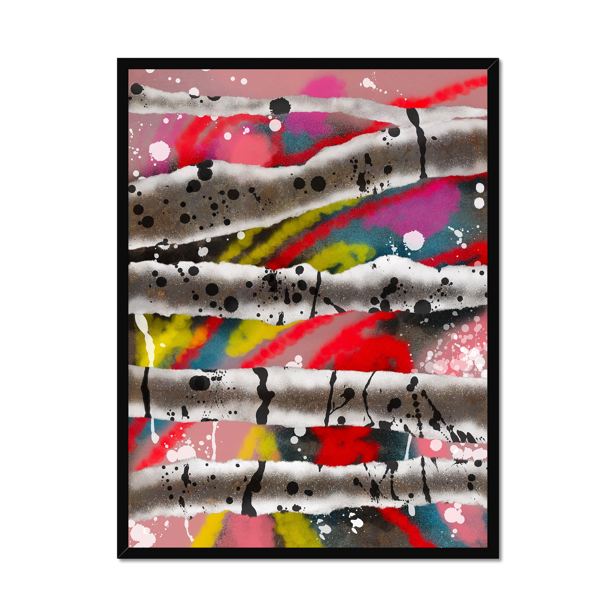 Broken Beat 08 – 60×80 cm fine art print in black box frame (24×32"). Layered abstract composition. Hahnemühle German Etching 310gsm. Ready to hang.