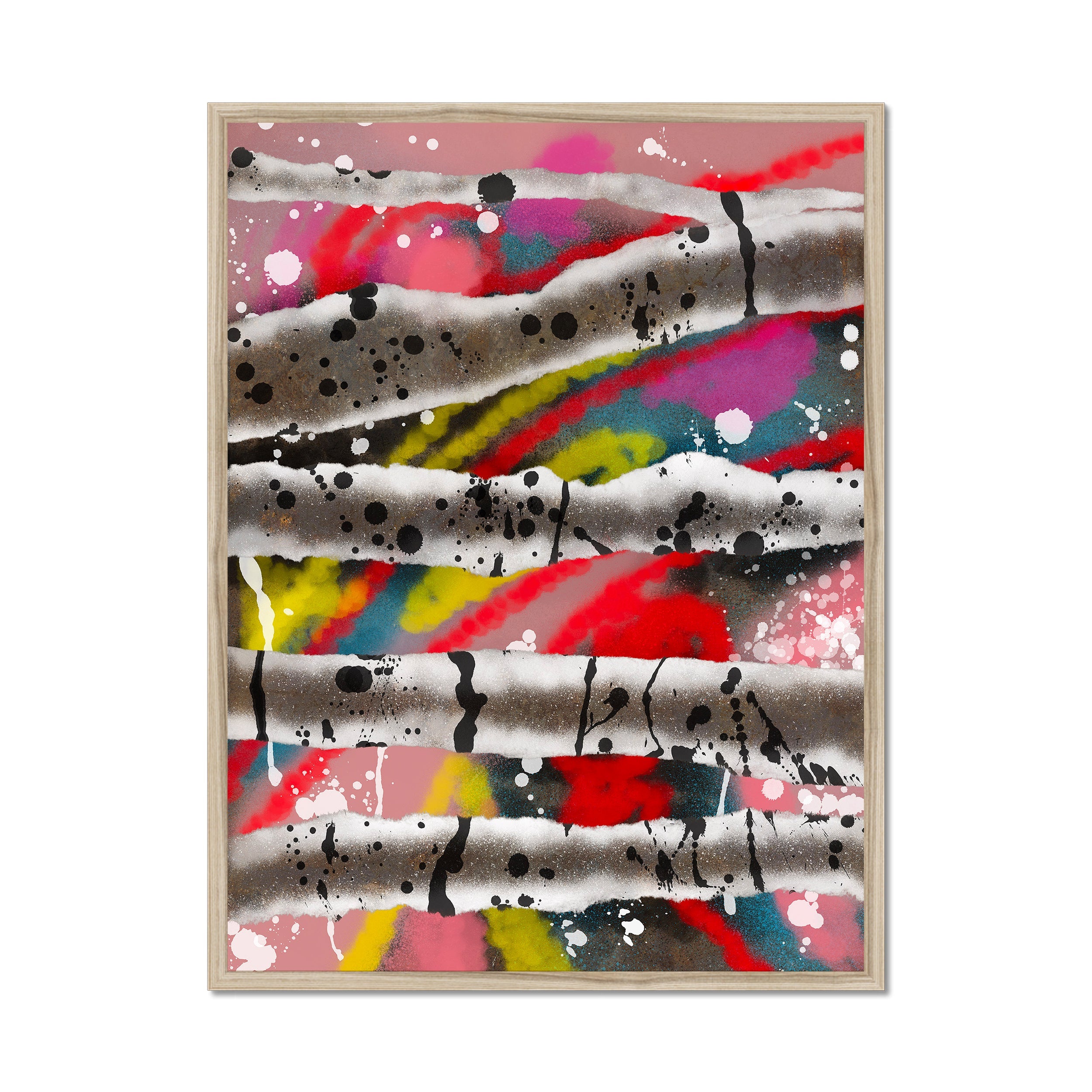 Broken Beat 08 – 60×80 cm fine art print in natural wood box frame (24×32"). Layered abstract composition. Hahnemühle German Etching 310gsm. Ready to hang.