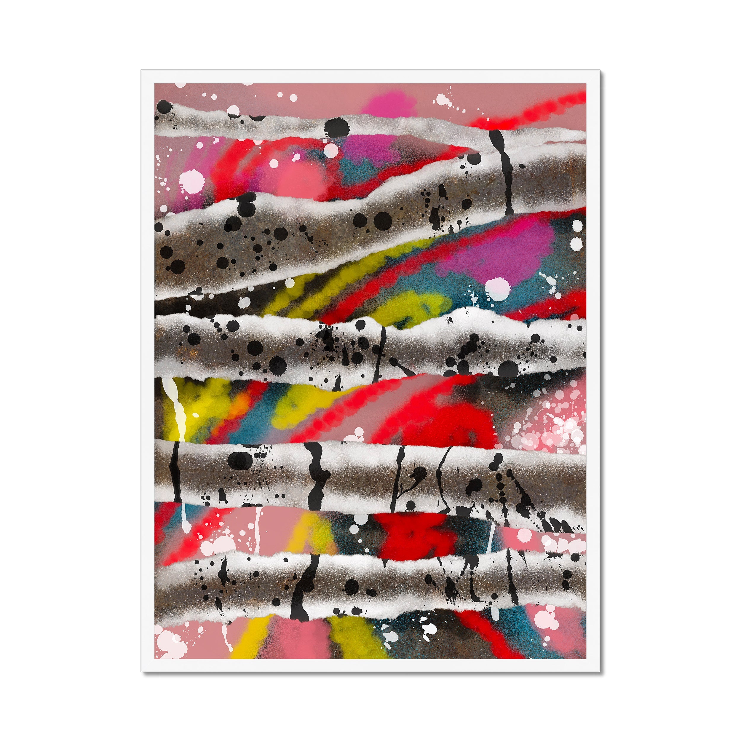 Broken Beat 08 – 60×80 cm fine art print in white box frame (24×32"). Layered abstract composition. Hahnemühle German Etching 310gsm. Ready to hang.