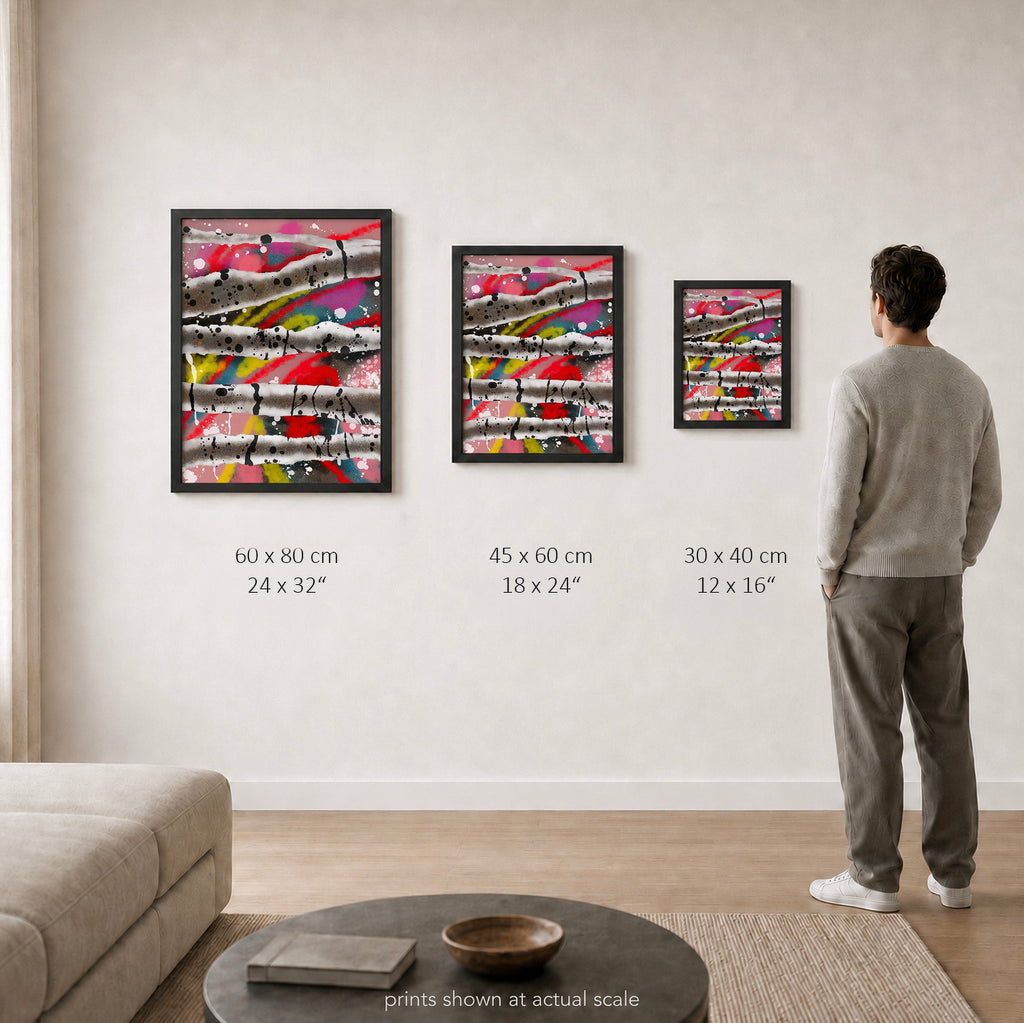 Broken Beat 08 – print sizes shown at actual scale in a contemporary interior. 60×80 cm / 24×32", 45×60 cm / 18×24", 30×40 cm / 12×16".
