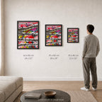 Broken Beat 08 – print sizes shown at actual scale in a contemporary interior. 60×80 cm / 24×32", 45×60 cm / 18×24", 30×40 cm / 12×16".