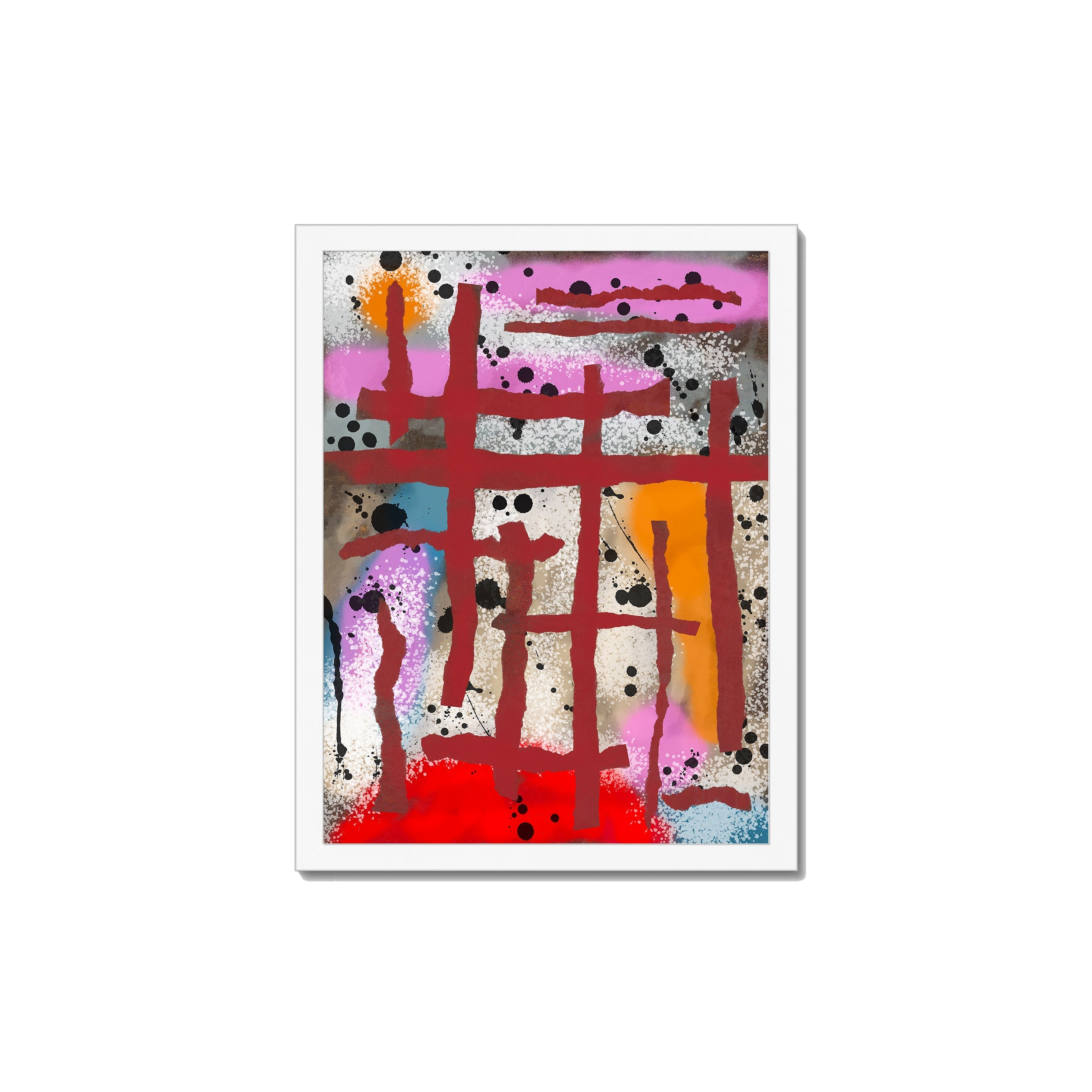 Broken Beat 09 – 30×40 cm fine art print in white box frame (12×16"). Layered abstract composition. Hahnemühle German Etching 310gsm. Ready to hang.