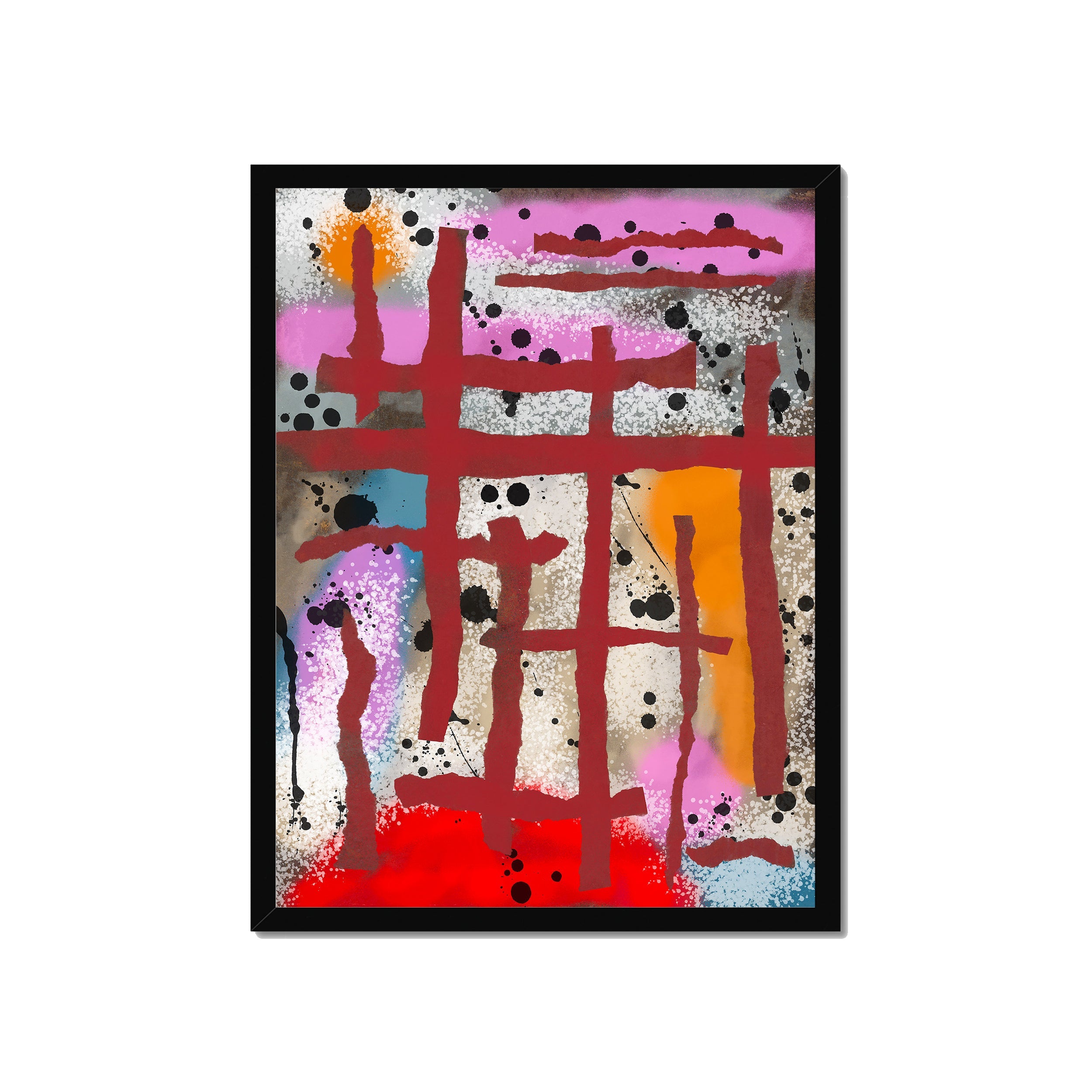 Broken Beat 09 – 45×60 cm fine art print in black box frame (18×24"). Layered abstract composition. Hahnemühle German Etching 310gsm. Ready to hang.
