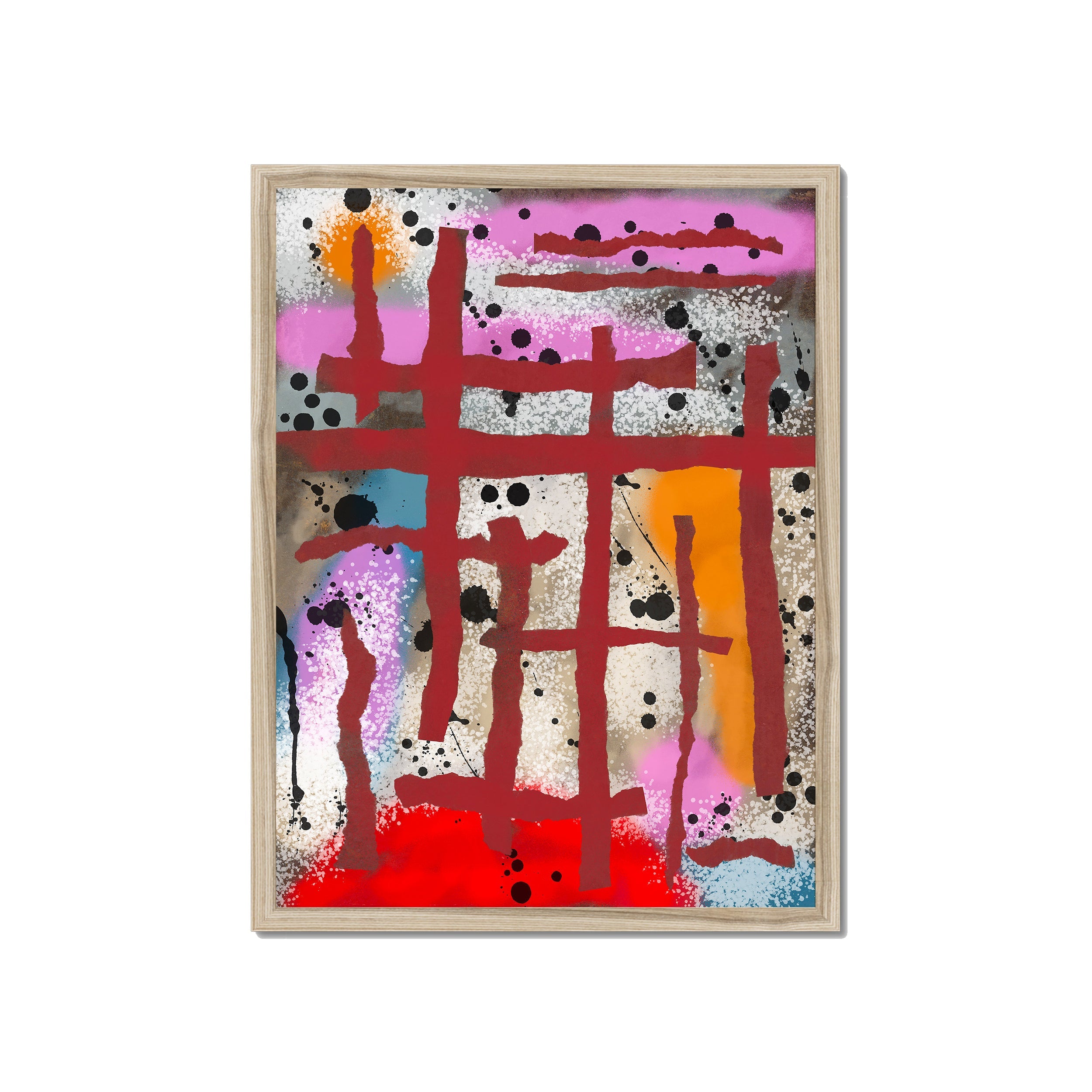 Broken Beat 09 – 45×60 cm fine art print in natural wood box frame (18×24"). Layered abstract composition. Hahnemühle German Etching 310gsm. Ready to hang.