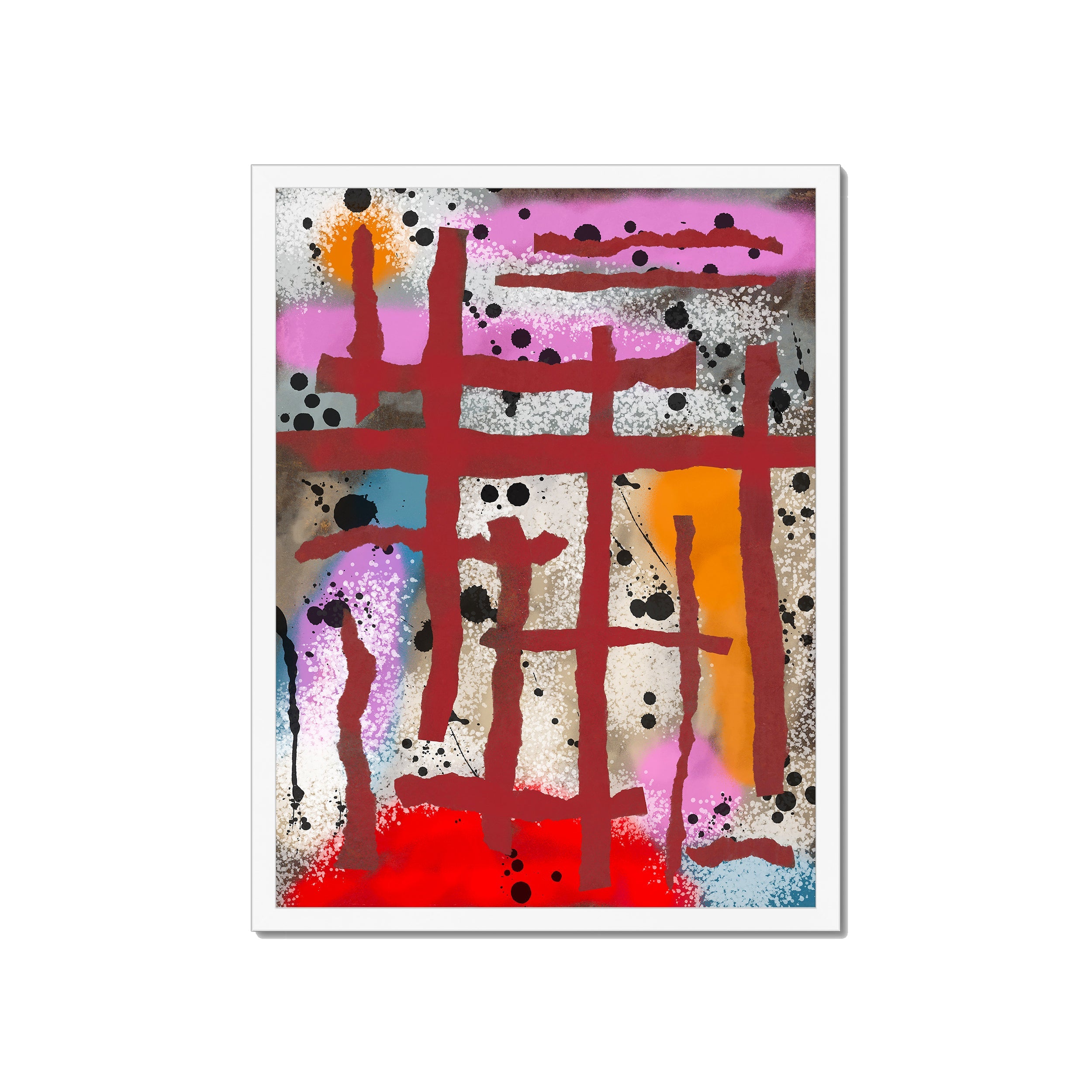 Broken Beat 09 – 45×60 cm fine art print in white box frame (18×24"). Layered abstract composition. Hahnemühle German Etching 310gsm. Ready to hang.