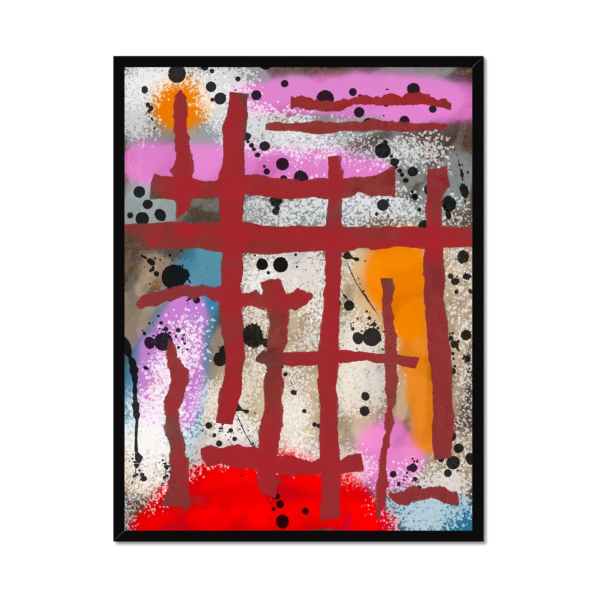 Broken Beat 09 – 60×80 cm fine art print in black box frame (24×32"). Layered abstract composition. Hahnemühle German Etching 310gsm. Ready to hang.