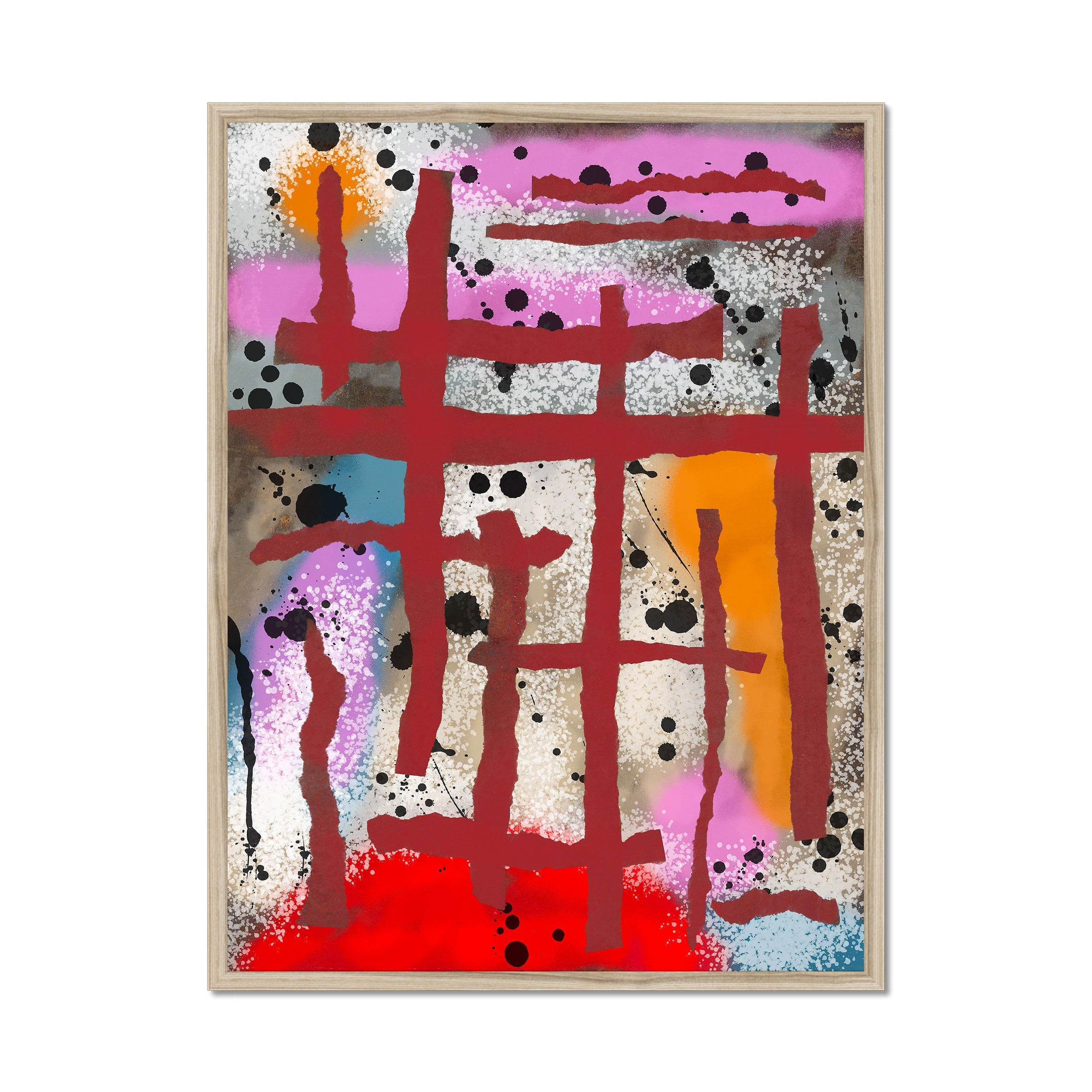 Broken Beat 09 – 60×80 cm fine art print in natural wood box frame (24×32"). Layered abstract composition. Hahnemühle German Etching 310gsm. Ready to hang.