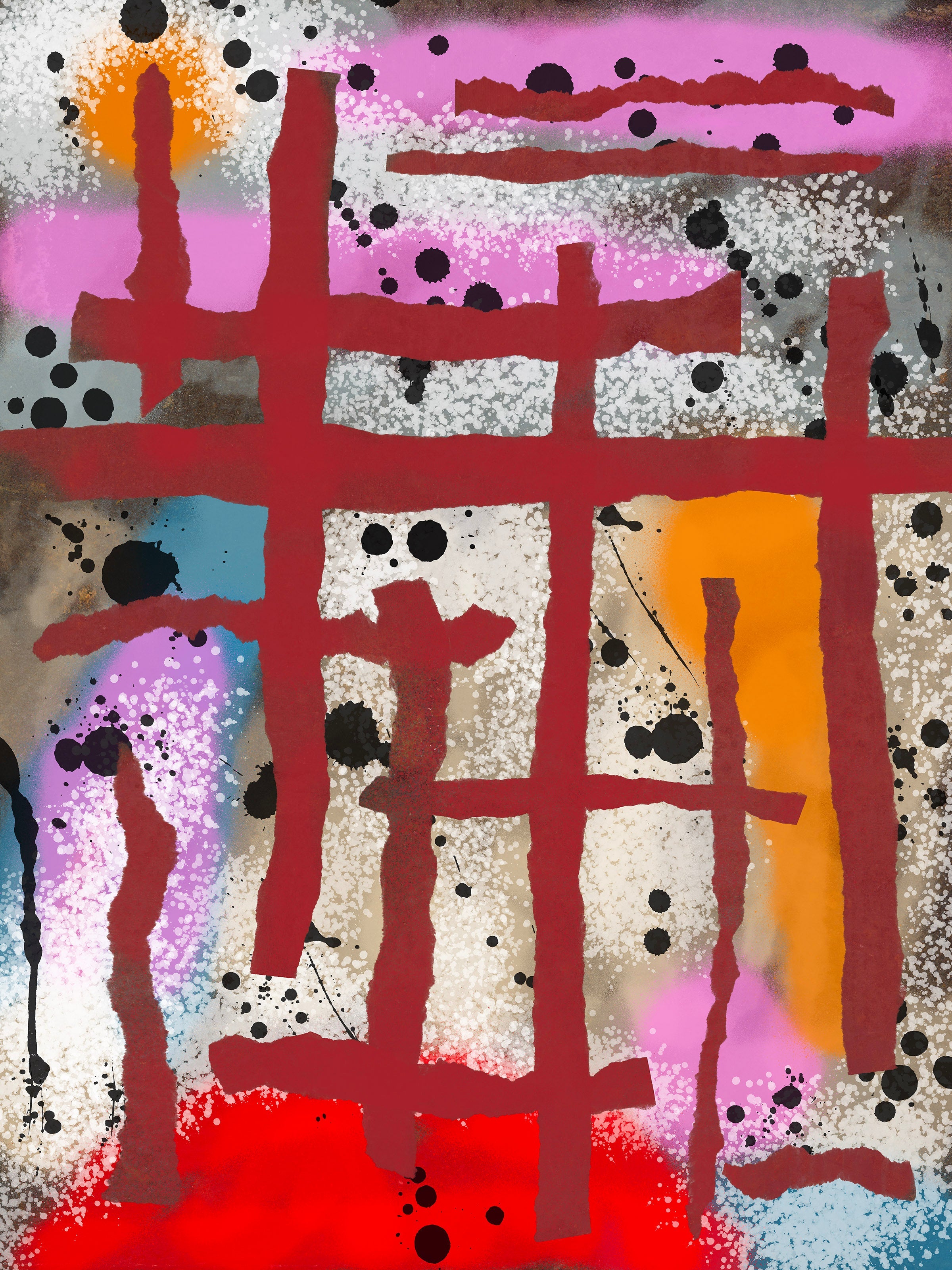 Broken Beat 09 – layered abstract composition with gestural marks and sprayed colour fields. Museum-grade giclée print on Hahnemühle German Etching 310gsm archival paper. Available in 30×40, 45×60, and 60×80 cm.