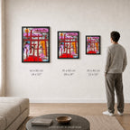 Broken Beat 09 – print sizes shown at actual scale in a contemporary interior. 60×80 cm / 24×32", 45×60 cm / 18×24", 30×40 cm / 12×16".