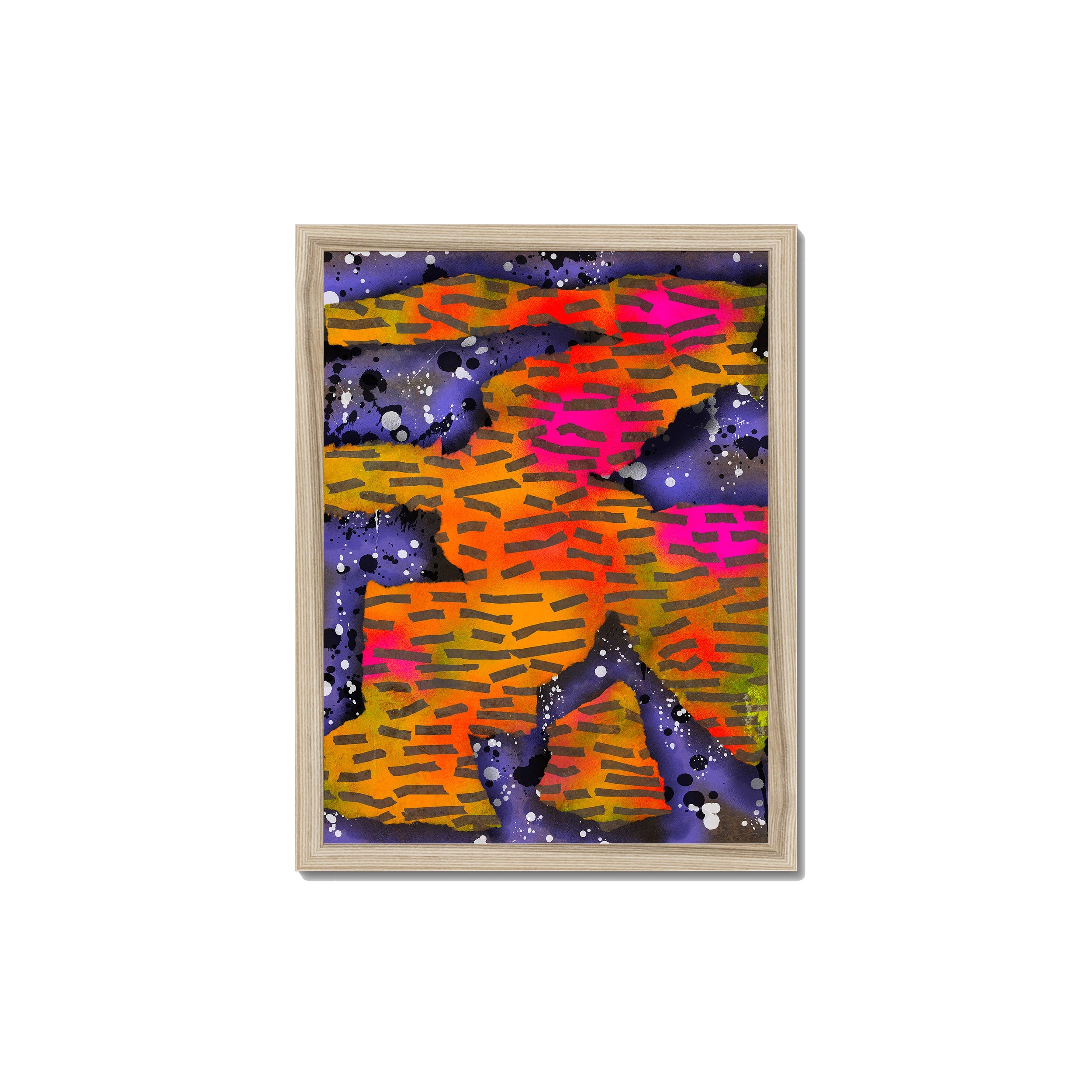 Broken Beat 10 – 30×40 cm fine art print in natural wood box frame (12×16"). Layered abstract composition. Hahnemühle German Etching 310gsm. Ready to hang.