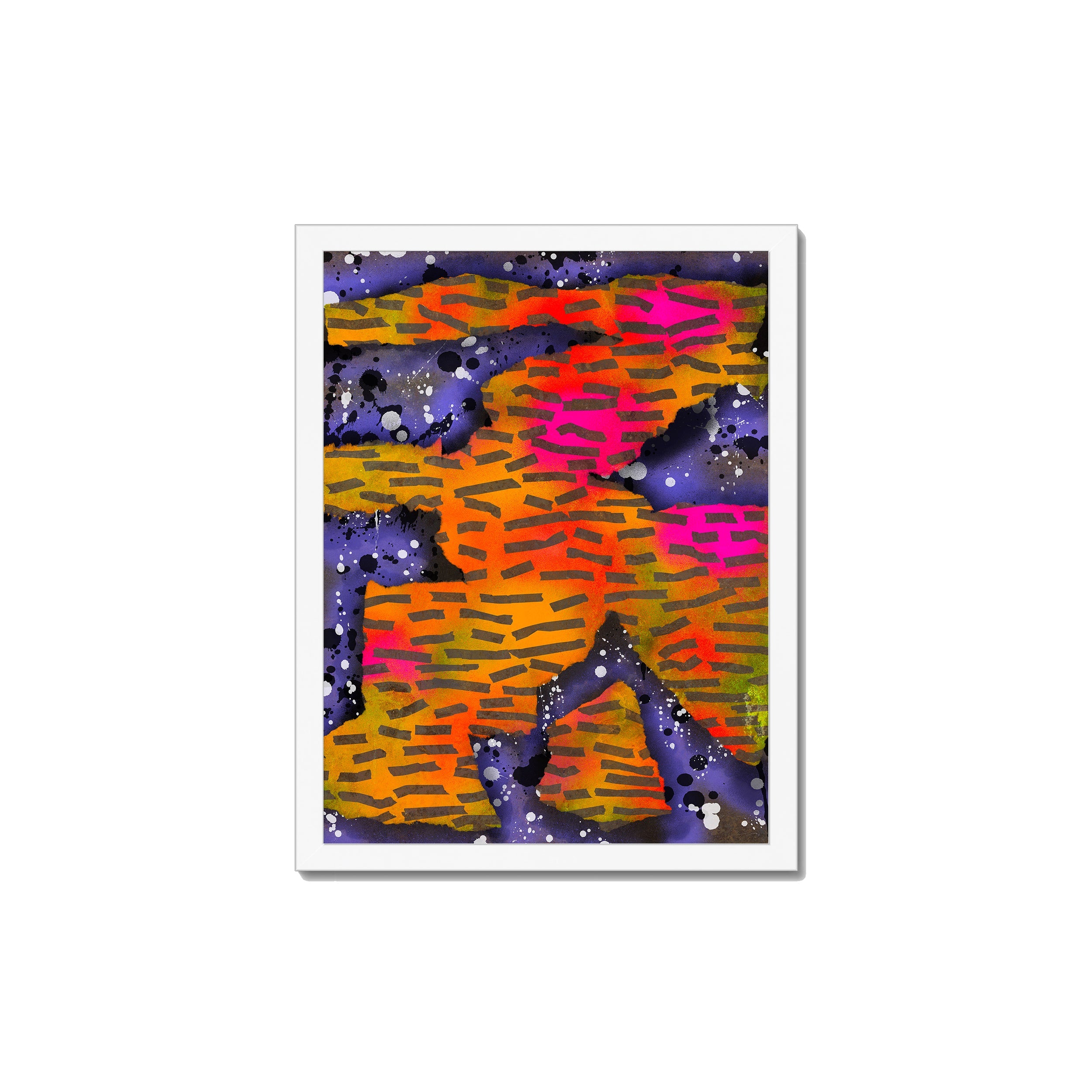 Broken Beat 10 – 30×40 cm fine art print in white box frame (12×16"). Layered abstract composition. Hahnemühle German Etching 310gsm. Ready to hang.