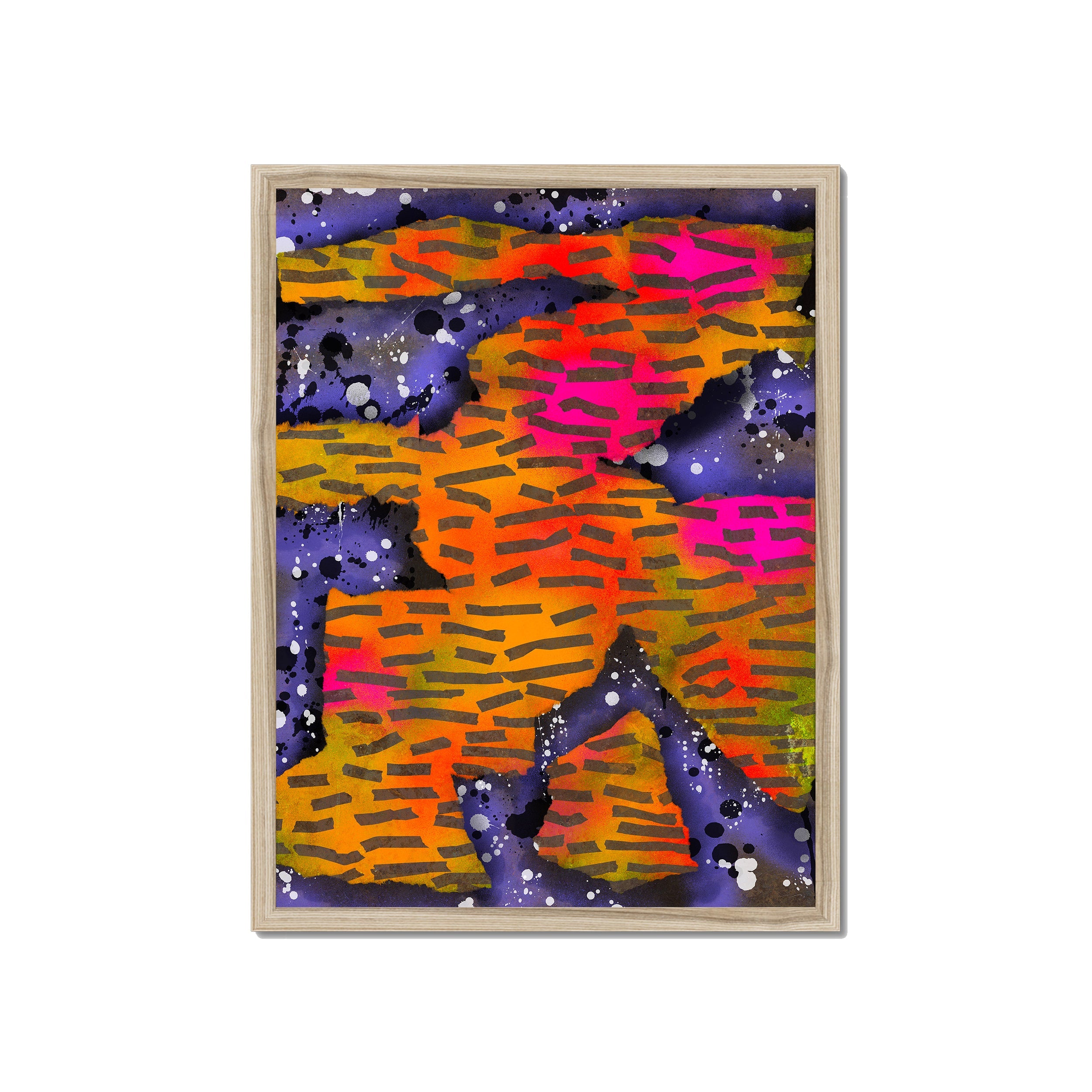 Broken Beat 10 – 45×60 cm fine art print in natural wood box frame (18×24"). Layered abstract composition. Hahnemühle German Etching 310gsm. Ready to hang.