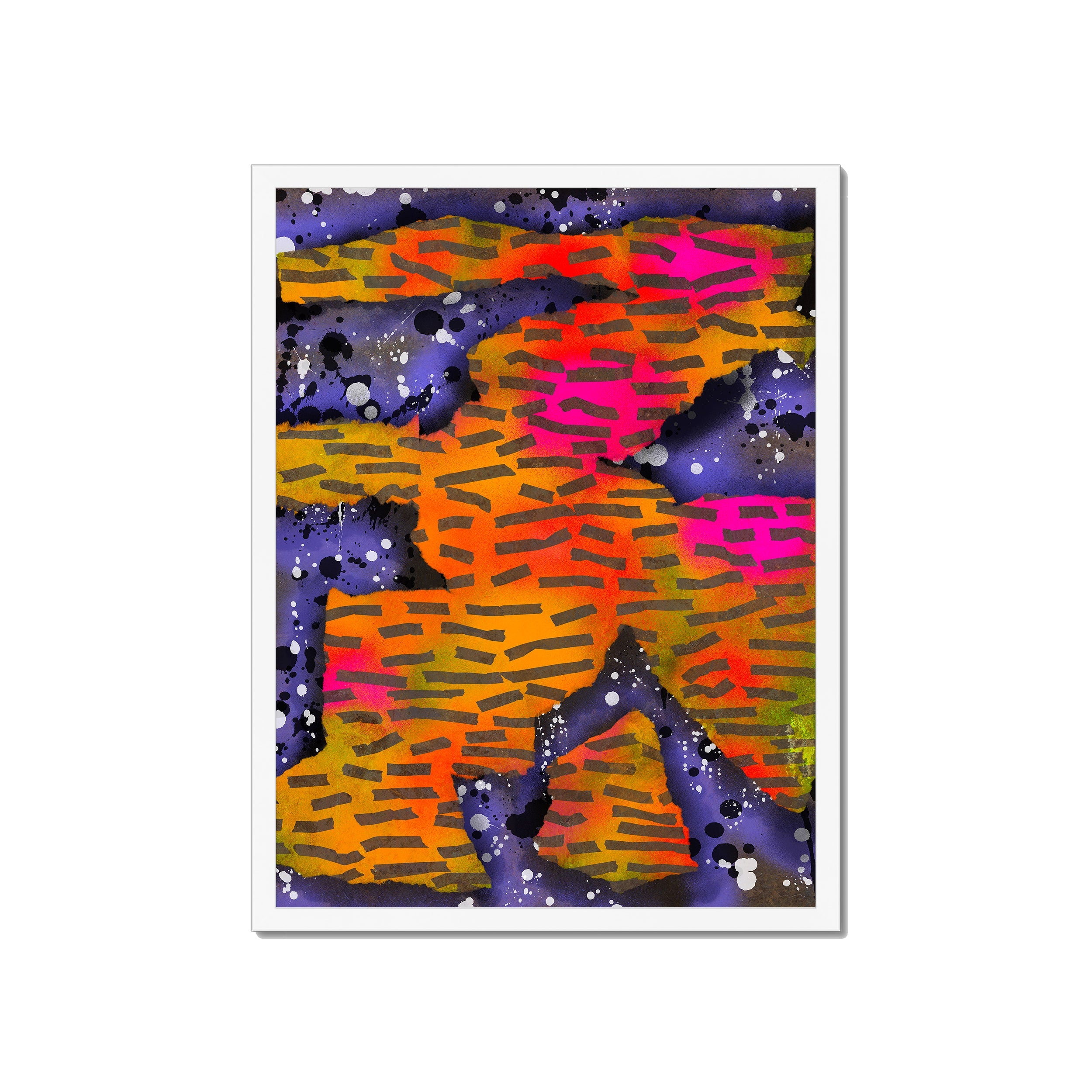 Broken Beat 10 – 45×60 cm fine art print in white box frame (18×24"). Layered abstract composition. Hahnemühle German Etching 310gsm. Ready to hang.