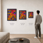 Broken Beat 10 – print sizes shown at actual scale in a contemporary interior. 60×80 cm / 24×32", 45×60 cm / 18×24", 30×40 cm / 12×16".