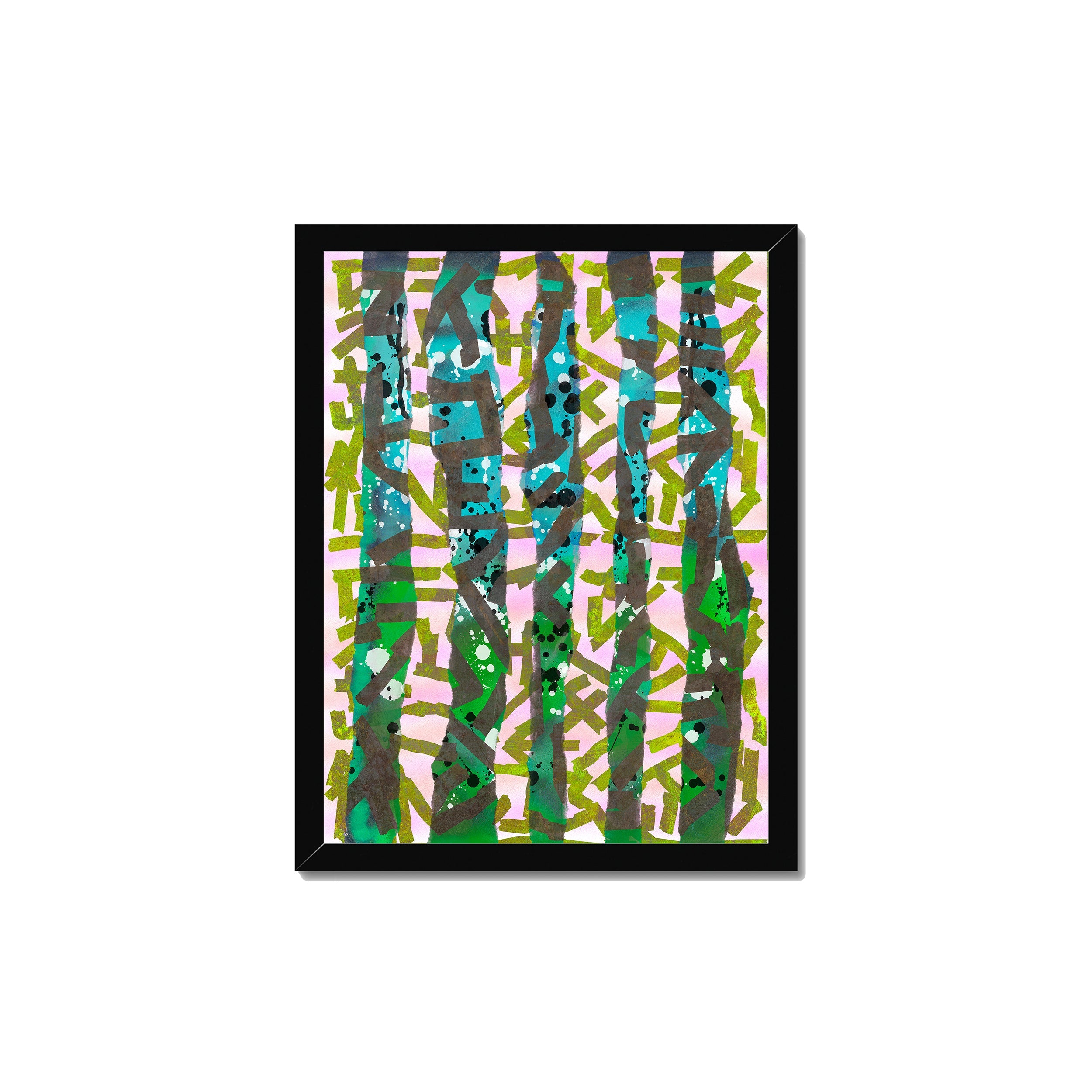 Broken Beat 11 – 30×40 cm fine art print in black box frame (12×16"). Layered abstract composition. Hahnemühle German Etching 310gsm. Ready to hang.