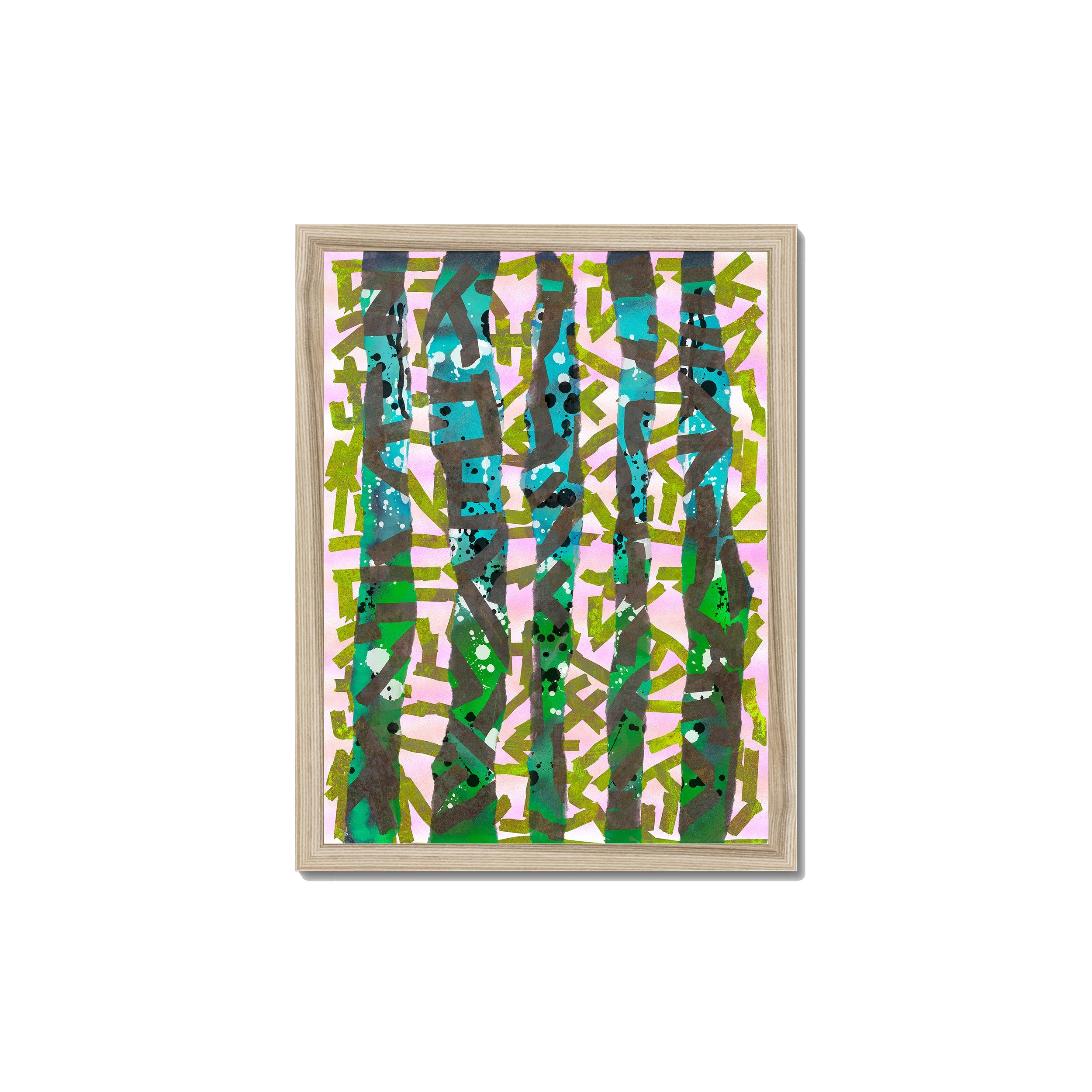 Broken Beat 11 – 30×40 cm fine art print in natural wood box frame (12×16"). Layered abstract composition. Hahnemühle German Etching 310gsm. Ready to hang.