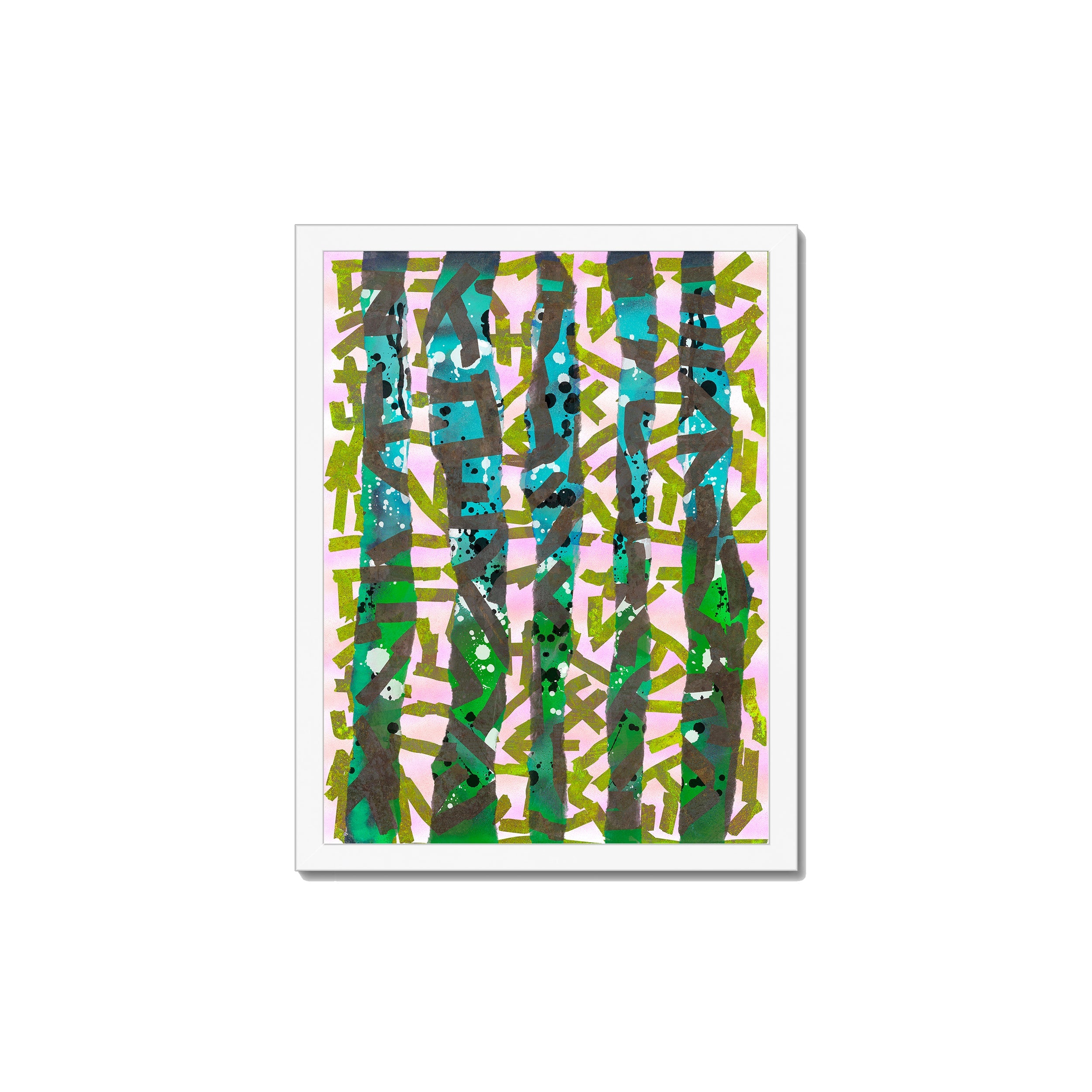 Broken Beat 11 – 30×40 cm fine art print in white box frame (12×16"). Layered abstract composition. Hahnemühle German Etching 310gsm. Ready to hang.