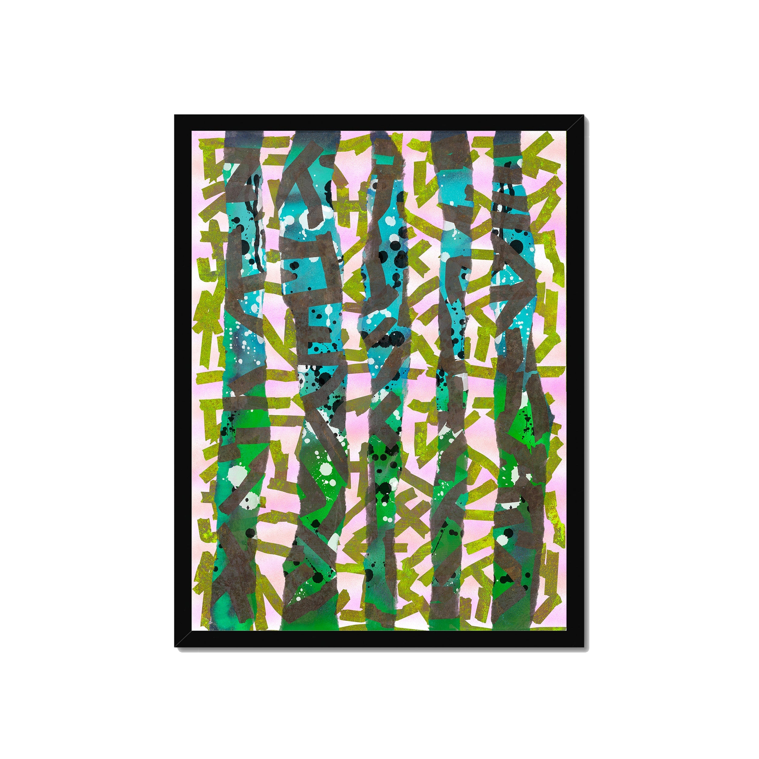 Broken Beat 11 – 45×60 cm fine art print in black box frame (18×24"). Layered abstract composition. Hahnemühle German Etching 310gsm. Ready to hang.