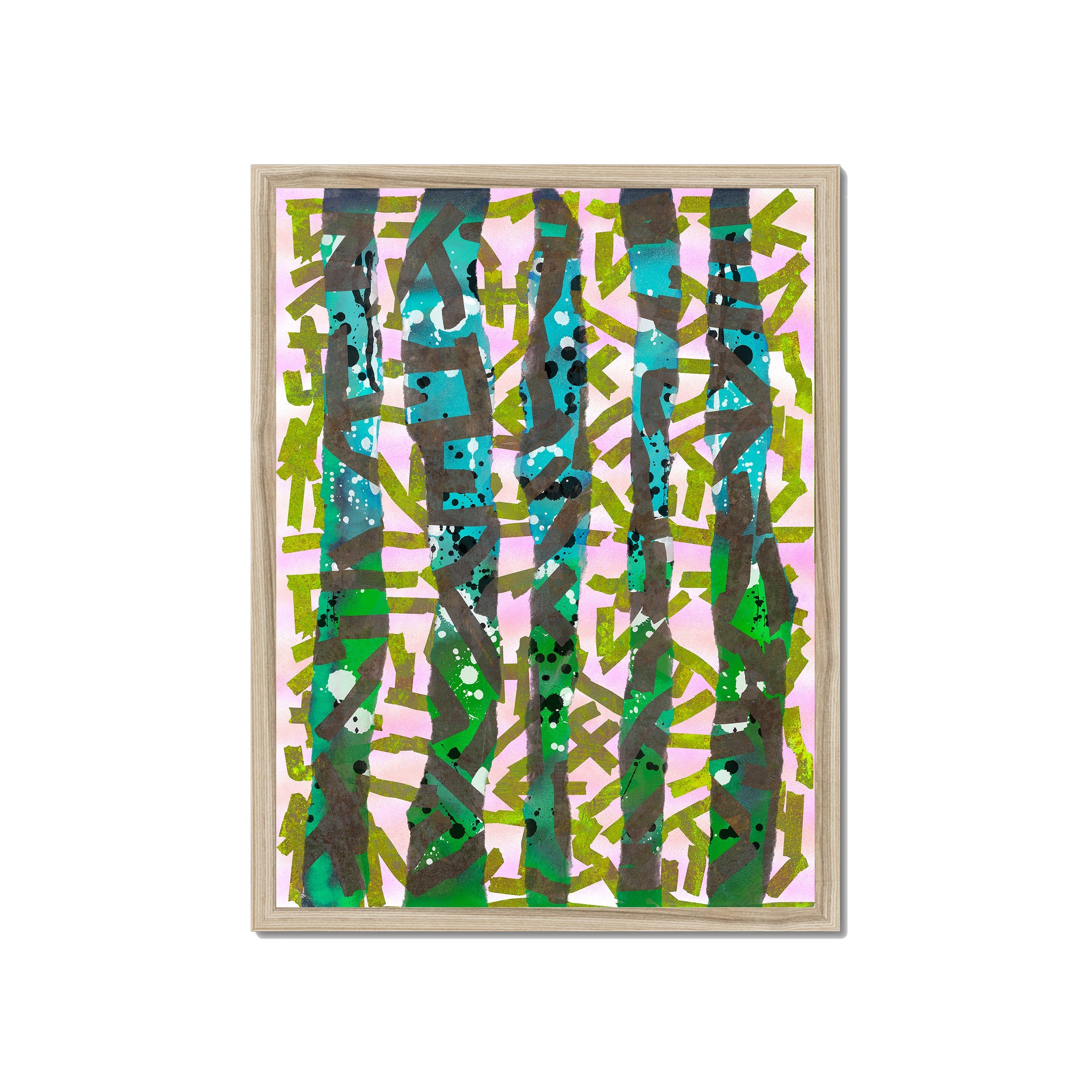 Broken Beat 11 – 45×60 cm fine art print in natural wood box frame (18×24"). Layered abstract composition. Hahnemühle German Etching 310gsm. Ready to hang.