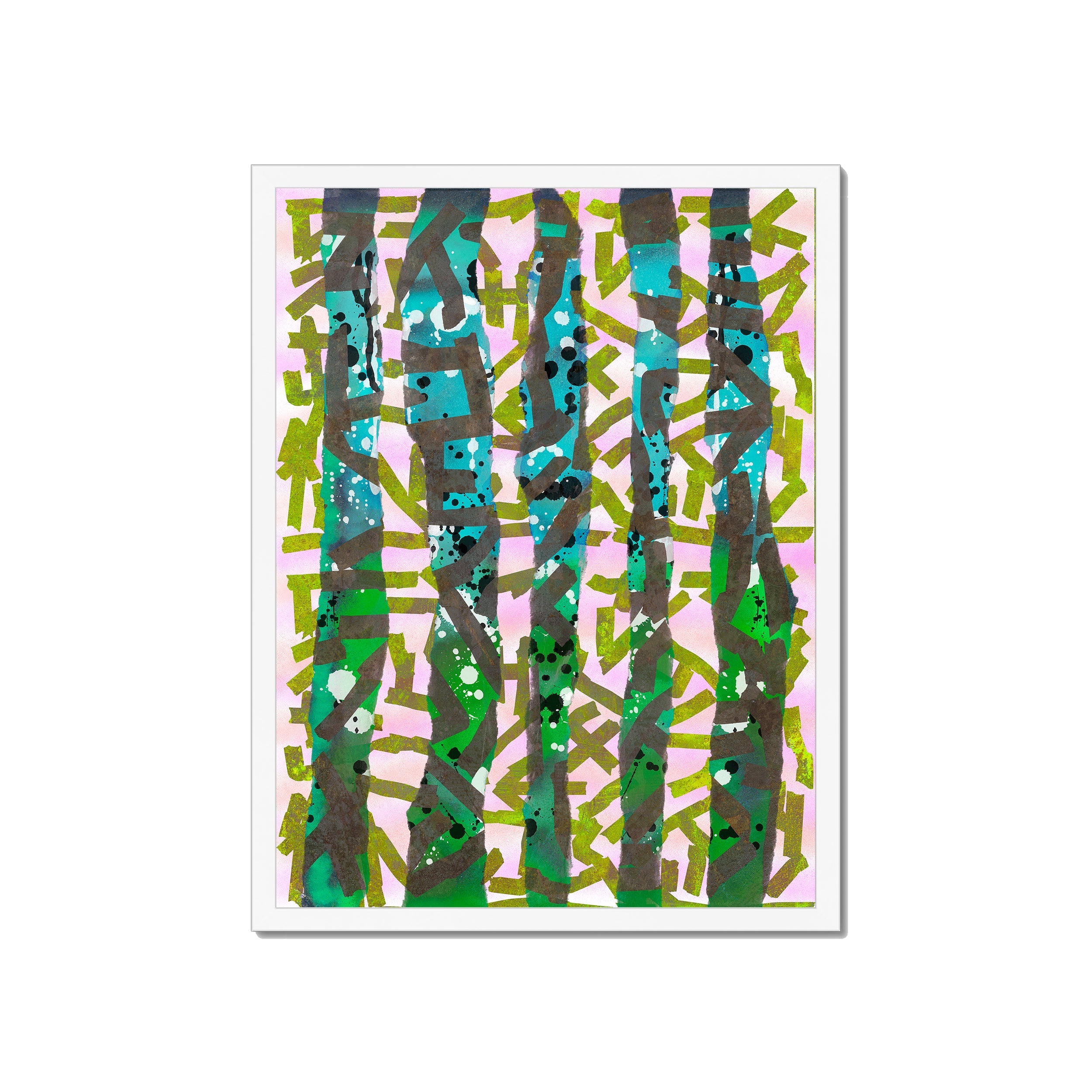 Broken Beat 11 – 45×60 cm fine art print in white box frame (18×24"). Layered abstract composition. Hahnemühle German Etching 310gsm. Ready to hang.