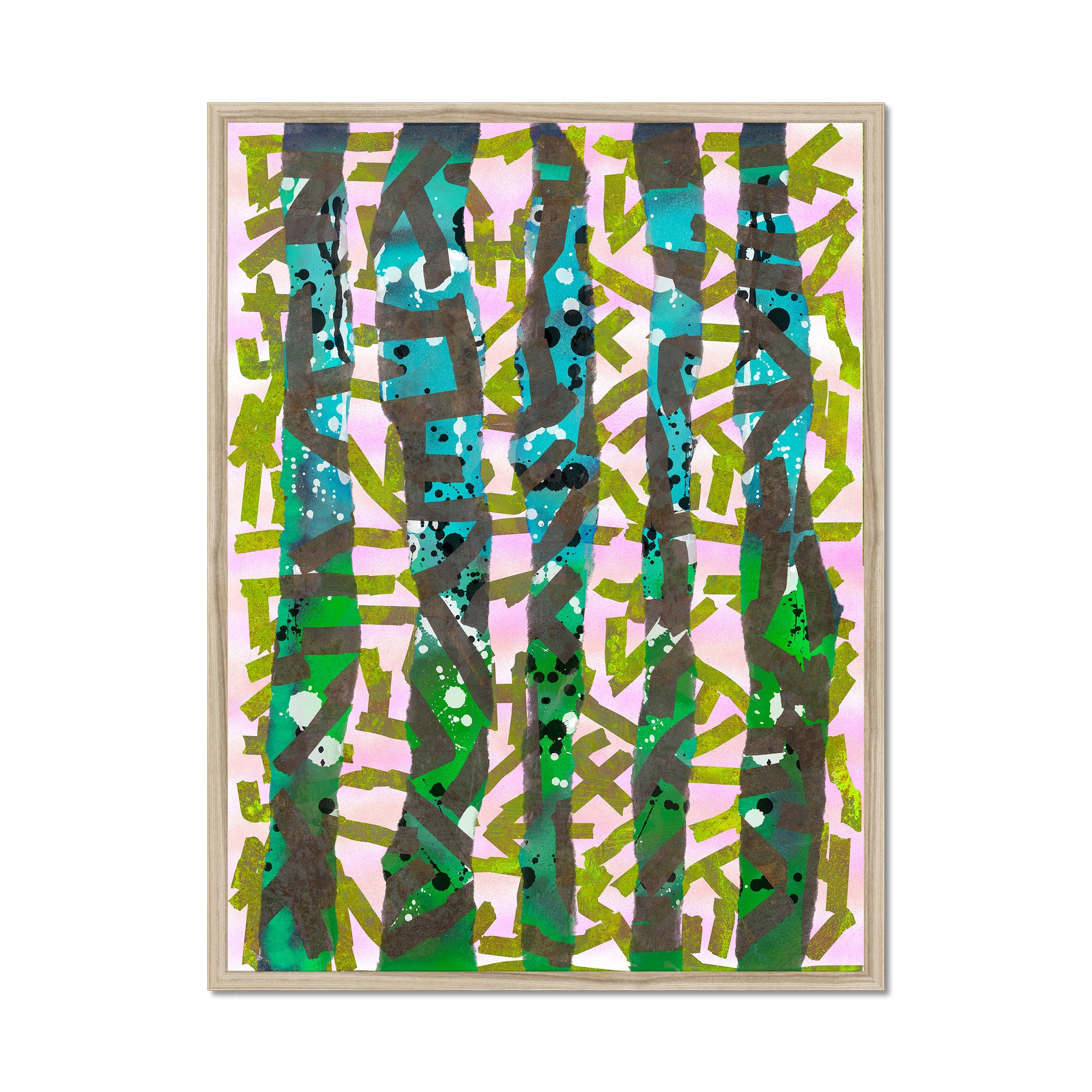 Broken Beat 11 – 60×80 cm fine art print in natural wood box frame (24×32"). Layered abstract composition. Hahnemühle German Etching 310gsm. Ready to hang.