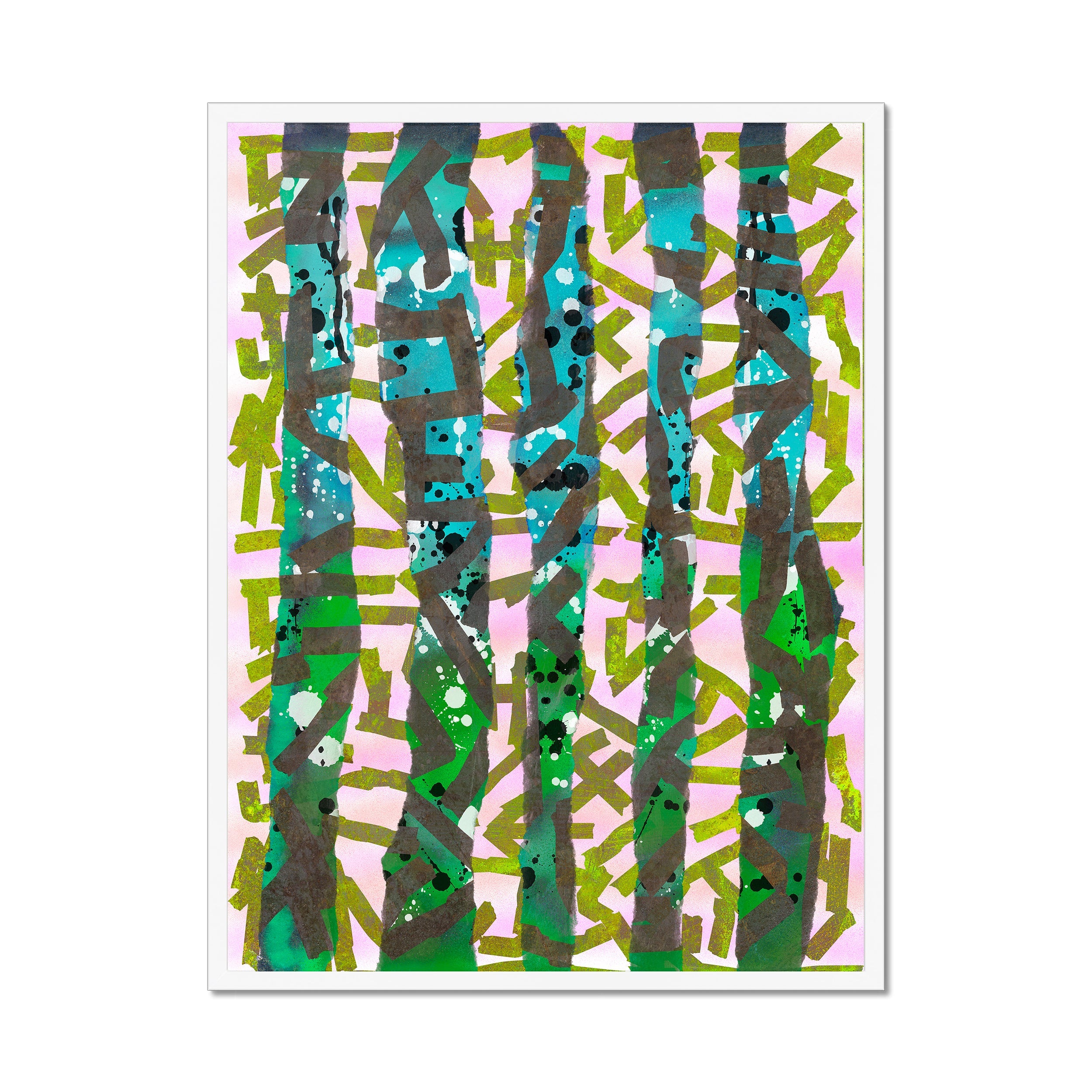 Broken Beat 11 – 60×80 cm fine art print in white box frame (24×32"). Layered abstract composition. Hahnemühle German Etching 310gsm. Ready to hang.