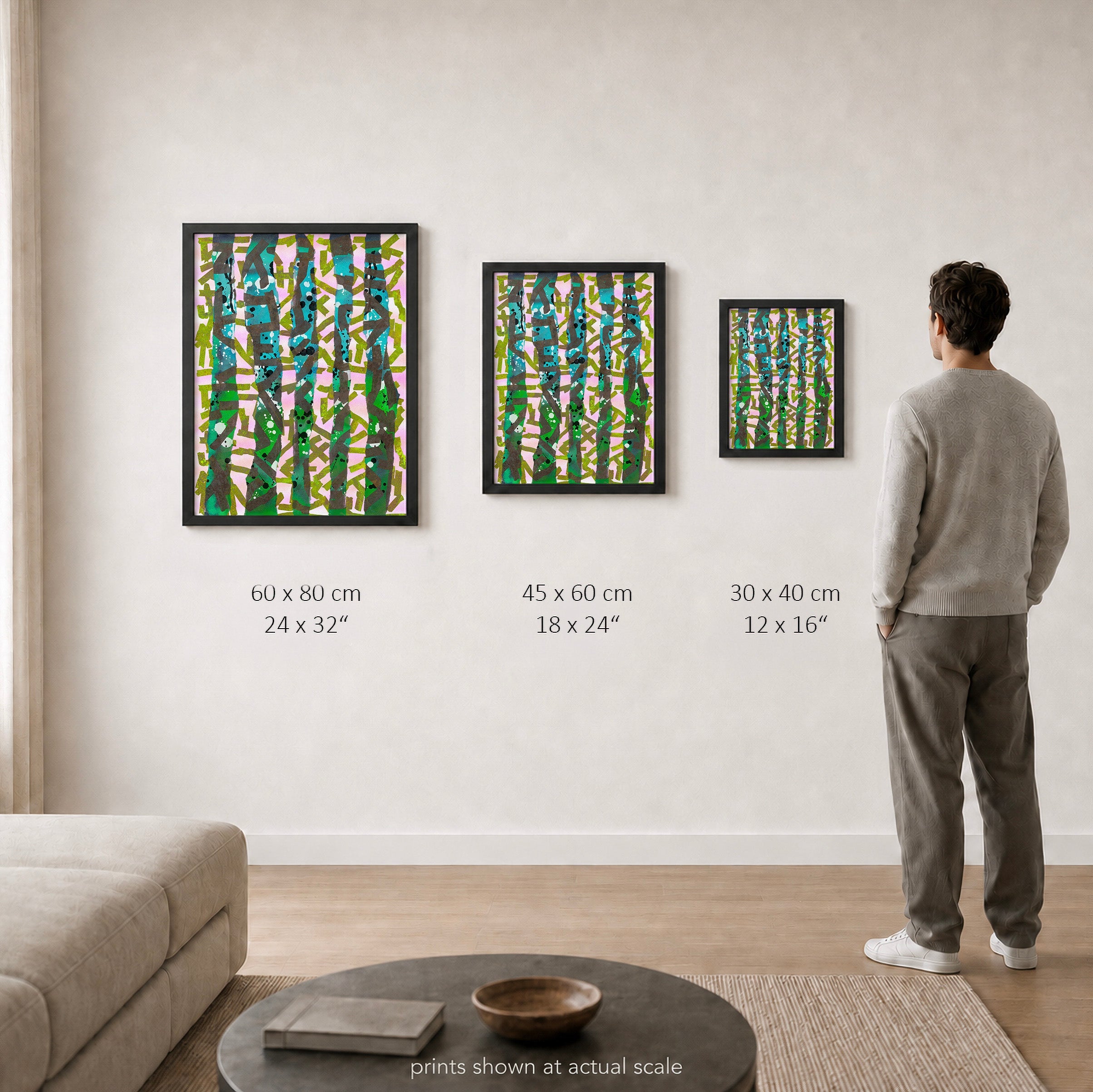 Broken Beat 11 – print sizes shown at actual scale in a contemporary interior. 60×80 cm / 24×32", 45×60 cm / 18×24", 30×40 cm / 12×16".