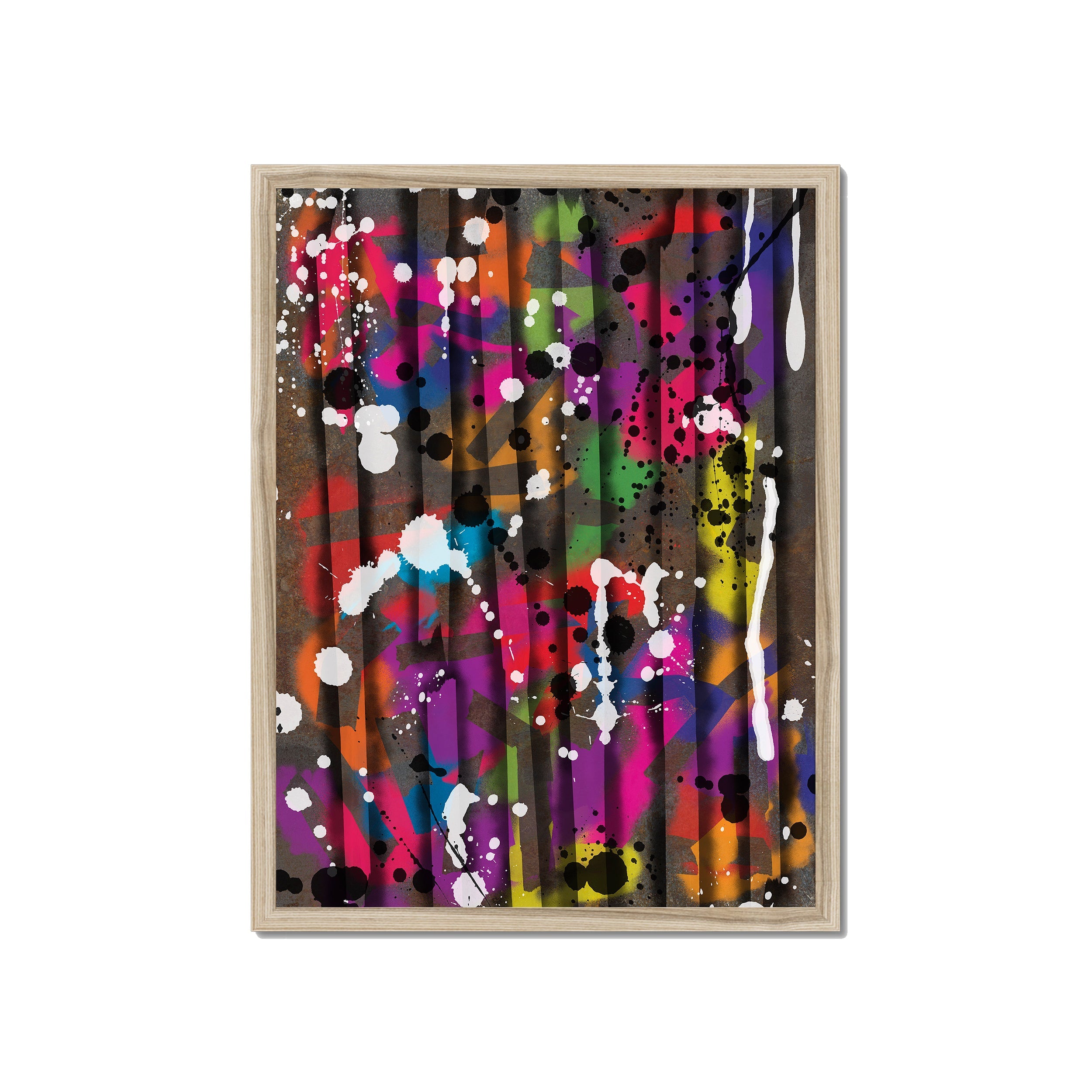 Broken Beat 12 – 45×60 cm fine art print in natural wood box frame (18×24"). Layered abstract composition. Hahnemühle German Etching 310gsm. Ready to hang.