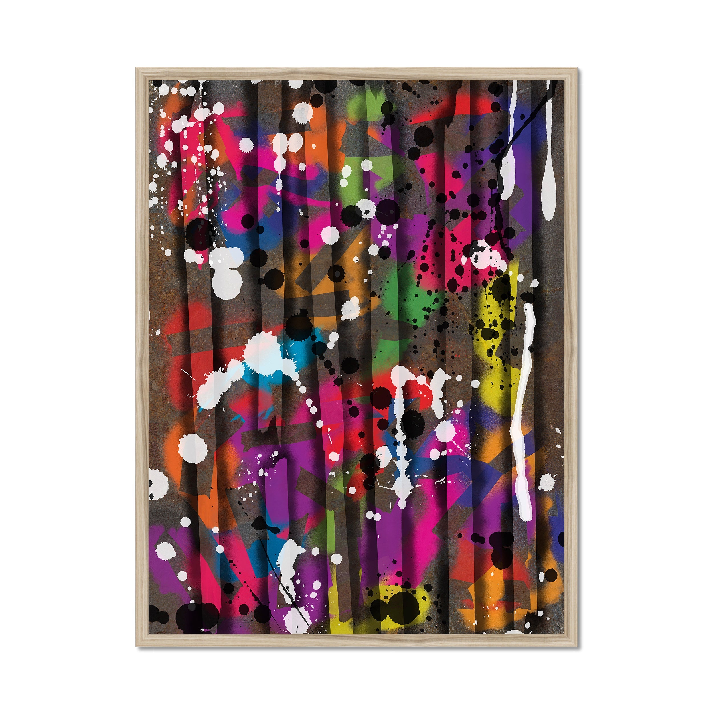 Broken Beat 12 – 60×80 cm fine art print in natural wood box frame (24×32"). Layered abstract composition. Hahnemühle German Etching 310gsm. Ready to hang.