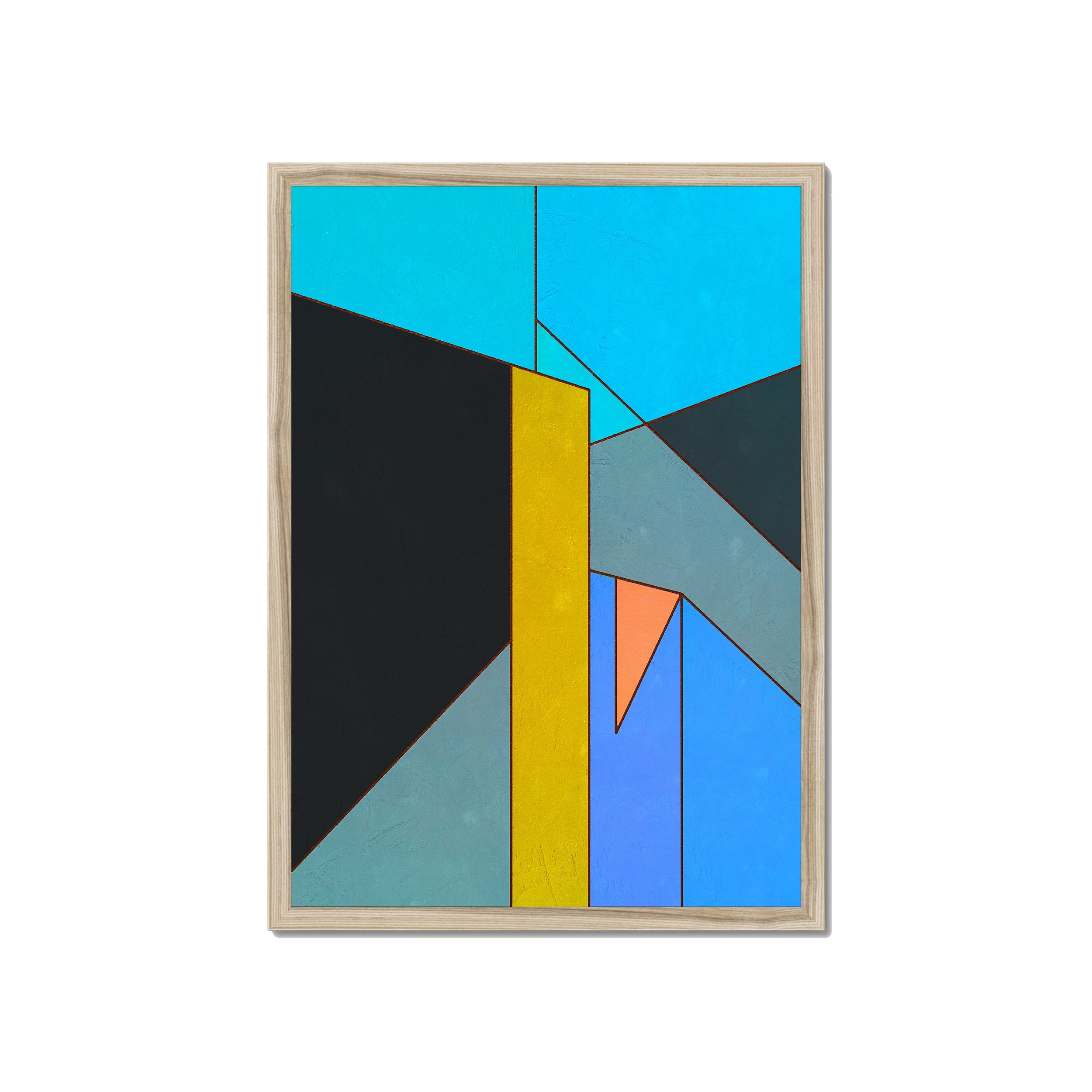 Constructed Fields 01 – A2 fine art print in natural wood box frame (42×59.4cm). Abstract geometric colour-field composition. Hahnemühle German Etching 310gsm. Ready to hang.