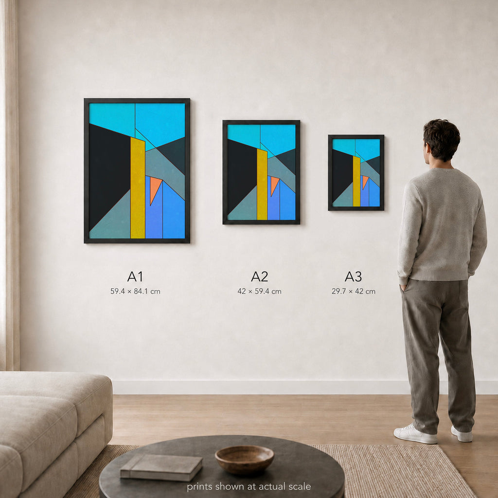Constructed Fields 01 – A1, A2 and A3 print sizes shown at actual scale in a contemporary interior. Use this image as a size guide. Geometric colour-field abstract art print. Hahnemühle German Etching 310gsm.