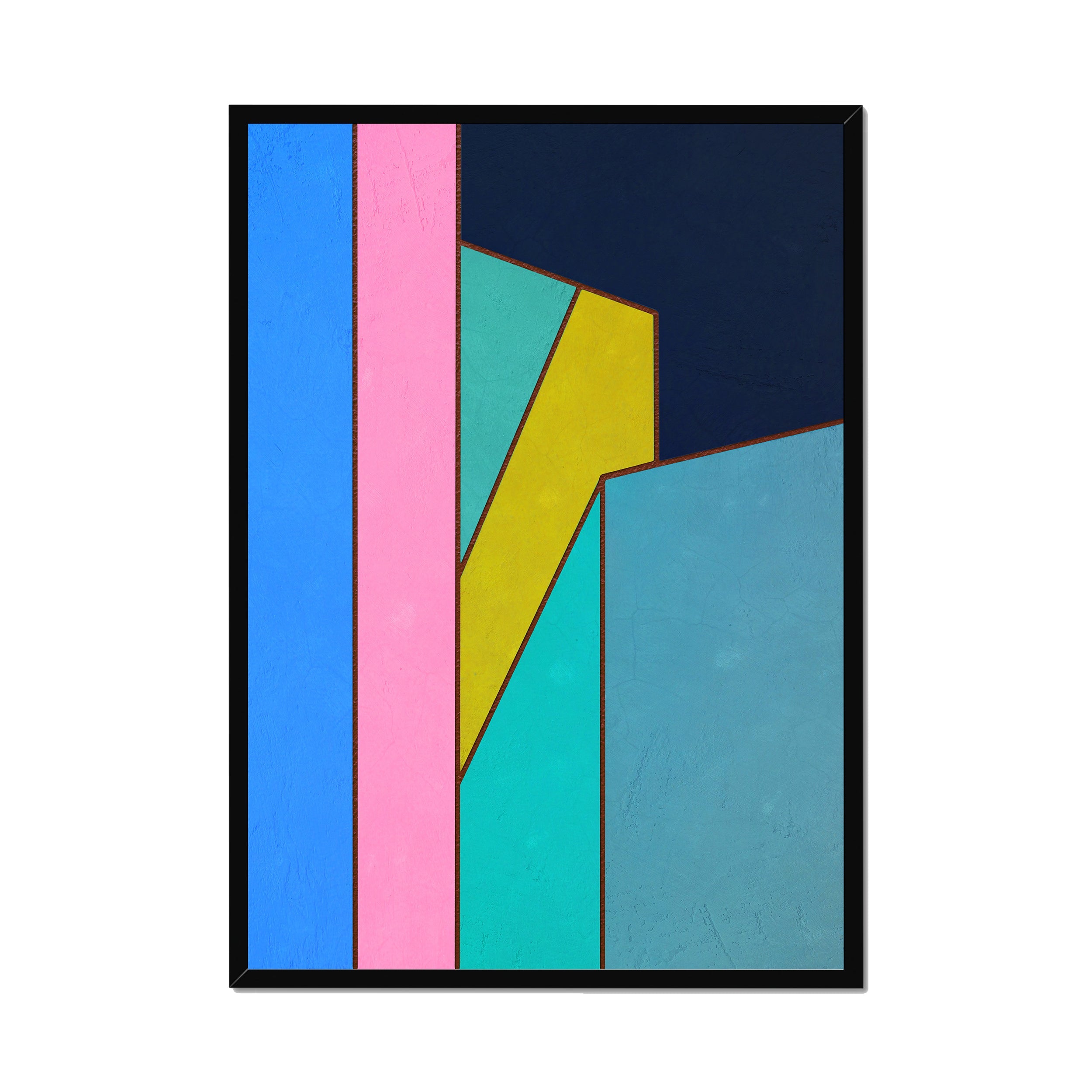 Constructed Fields 02 – A1 fine art print in black box frame (59.4×84.1cm). Abstract geometric colour-field composition. Hahnemühle German Etching 310gsm. Ready to hang.