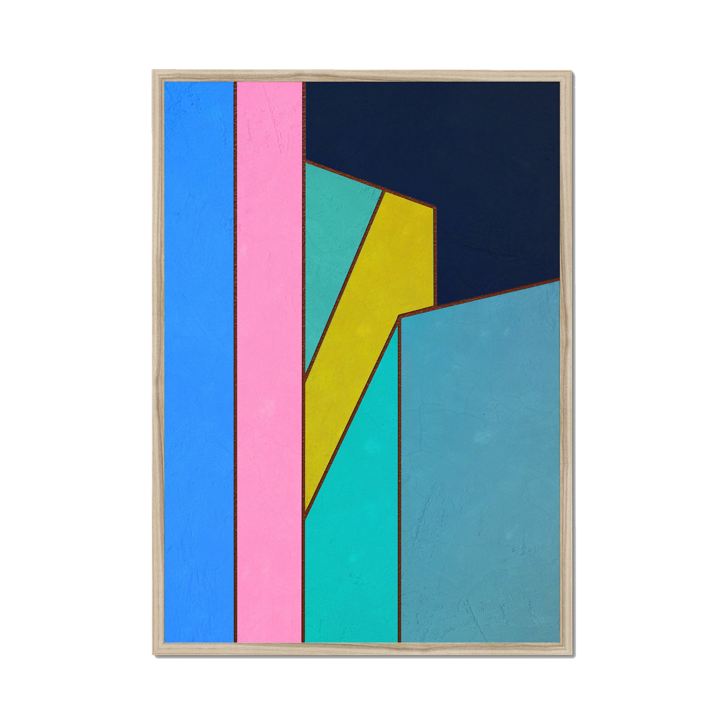 Constructed Fields 02 – A1 fine art print in natural wood box frame (59.4×84.1cm). Abstract geometric colour-field composition. Hahnemühle German Etching 310gsm. Ready to hang.