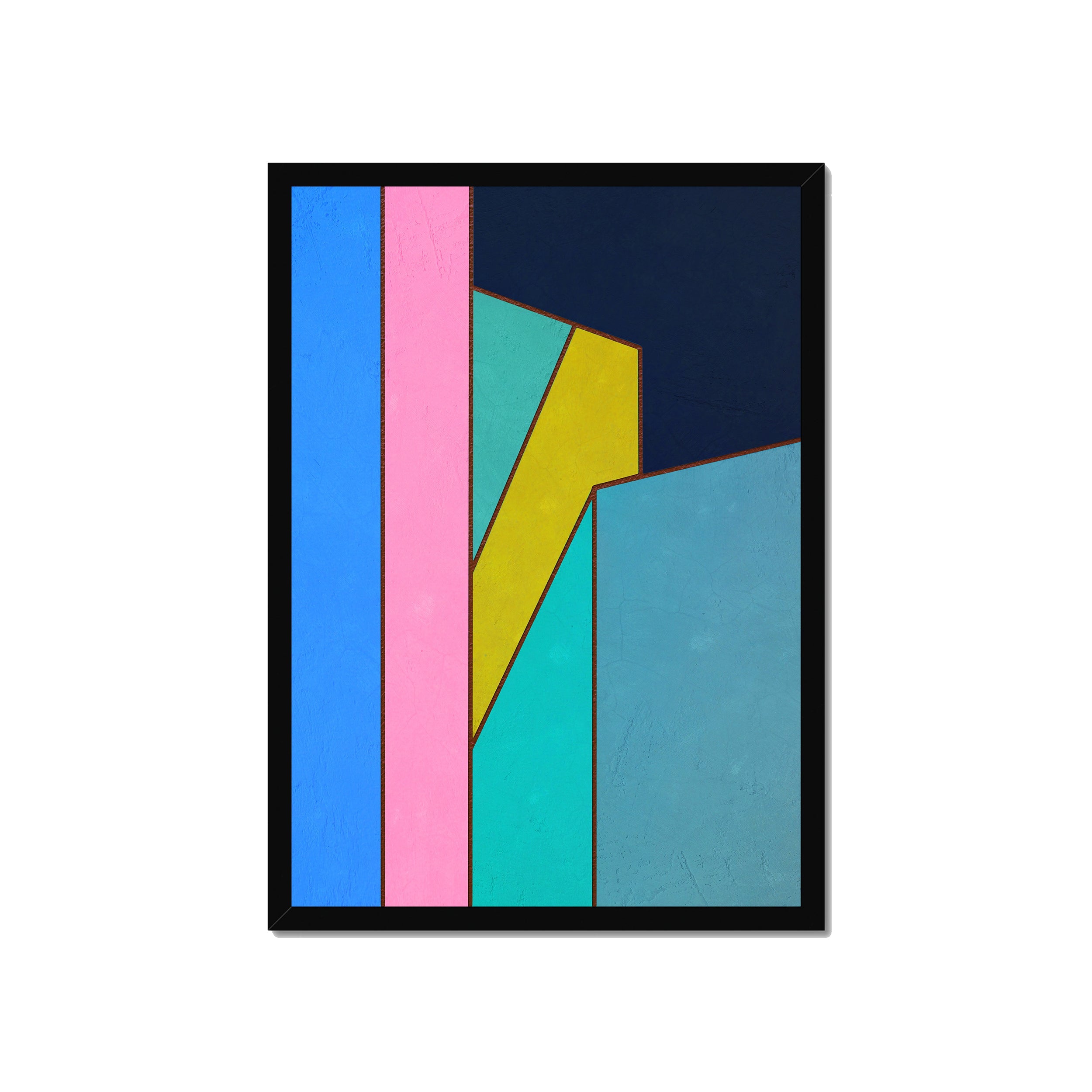 Constructed Fields 02 – A2 fine art print in black box frame (42×59.4cm). Abstract geometric colour-field composition. Hahnemühle German Etching 310gsm. Ready to hang.