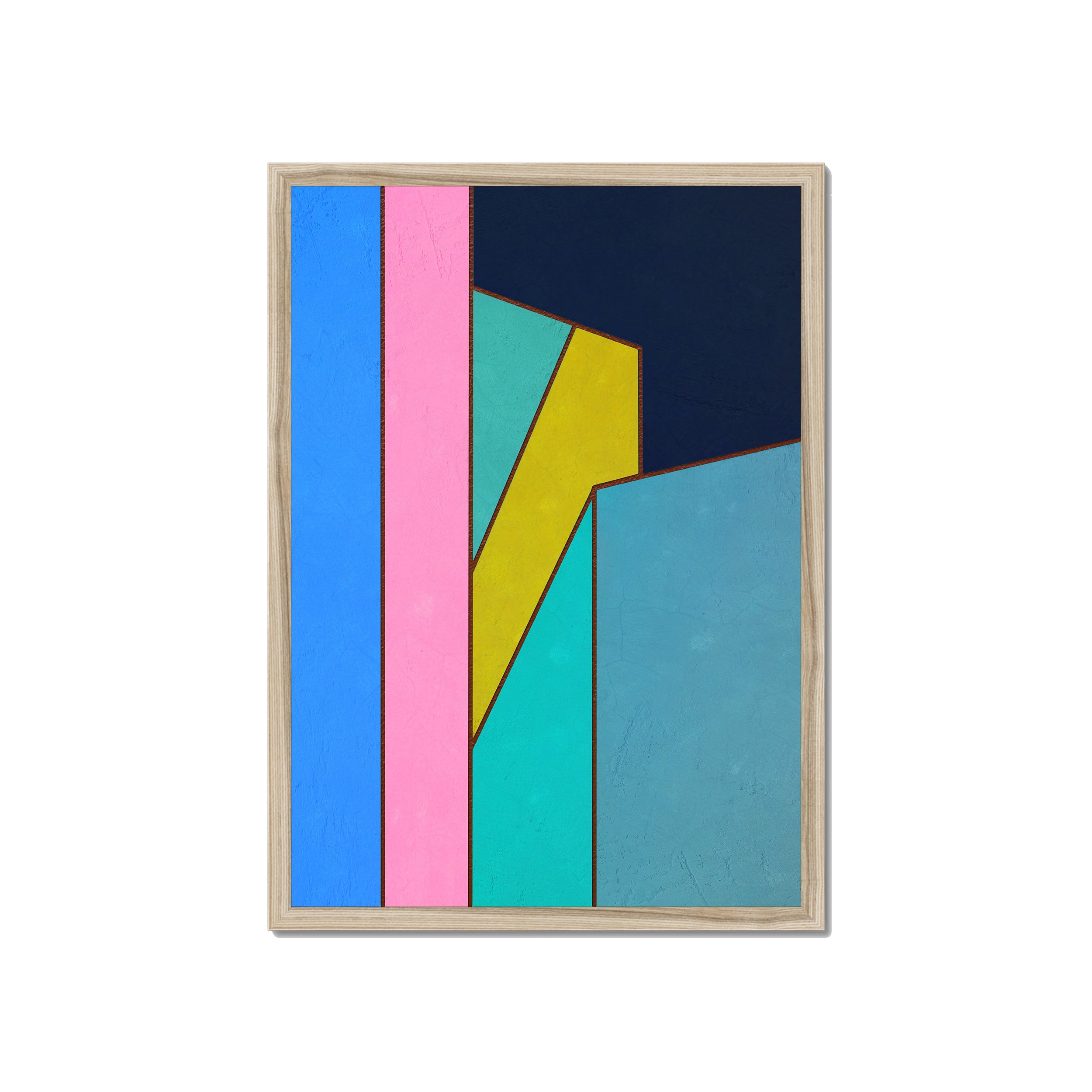 Constructed Fields 02 – A2 fine art print in natural wood box frame (42×59.4cm). Abstract geometric colour-field composition. Hahnemühle German Etching 310gsm. Ready to hang.
