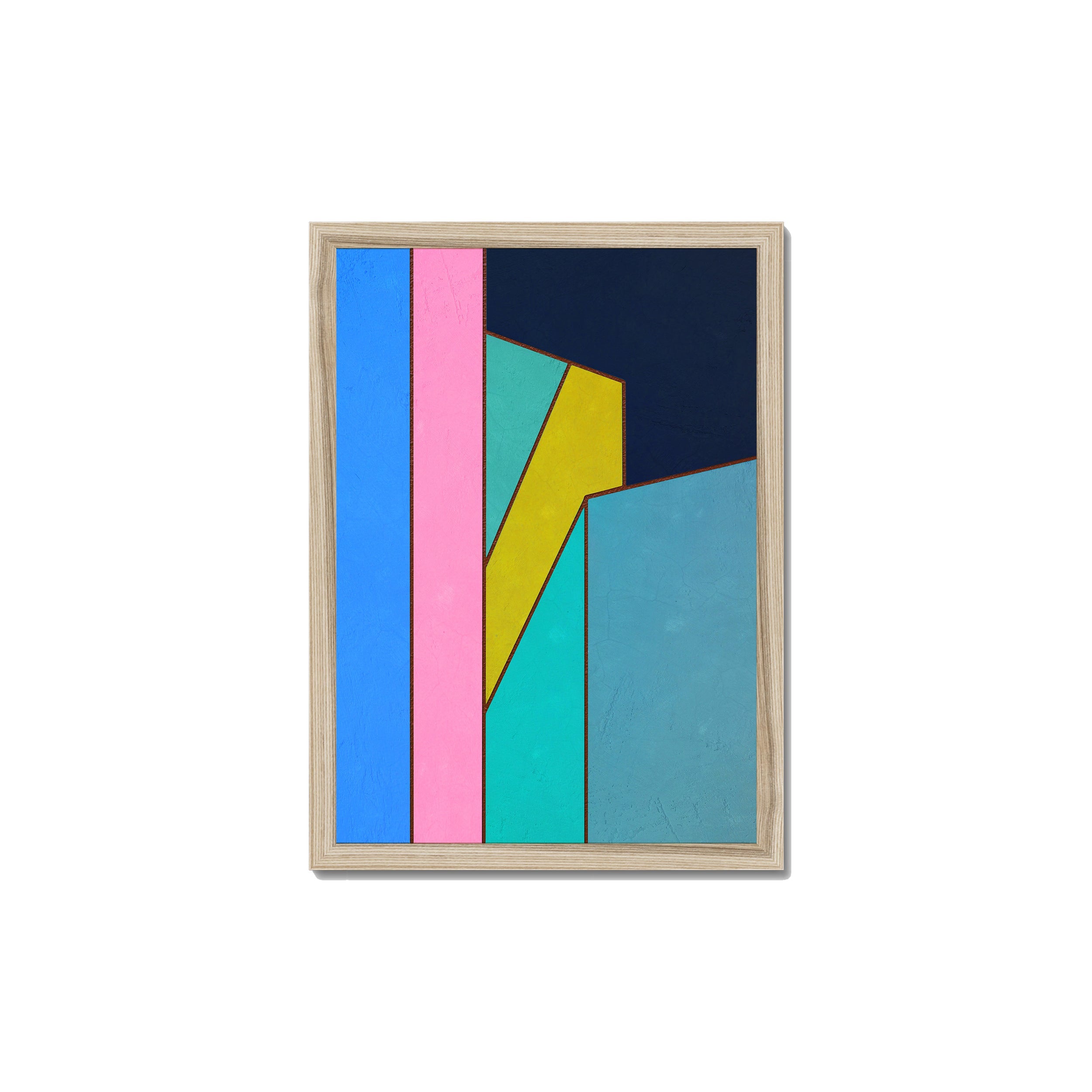 Constructed Fields 02 – A3 fine art print in natural wood box frame (29.7×42cm). Abstract geometric colour-field composition. Hahnemühle German Etching 310gsm. Ready to hang.