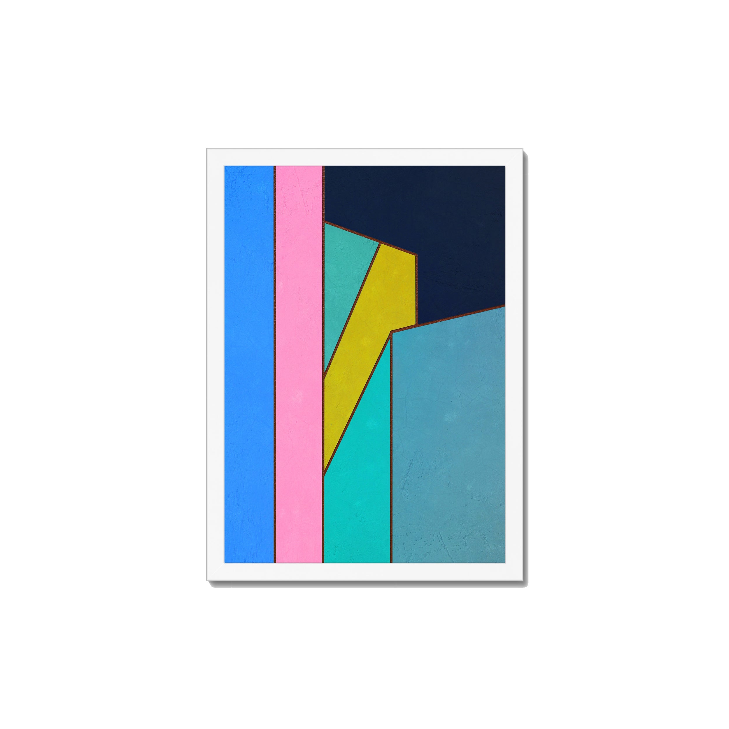 Constructed Fields 02 – A3 fine art print in white box frame (29.7×42cm). Abstract geometric colour-field composition. Hahnemühle German Etching 310gsm. Ready to hang.