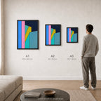 Constructed Fields 02 – A1, A2 and A3 print sizes shown at actual scale in a contemporary interior. Use this image as a size guide. Geometric colour-field abstract art print. Hahnemühle German Etching 310gsm.
