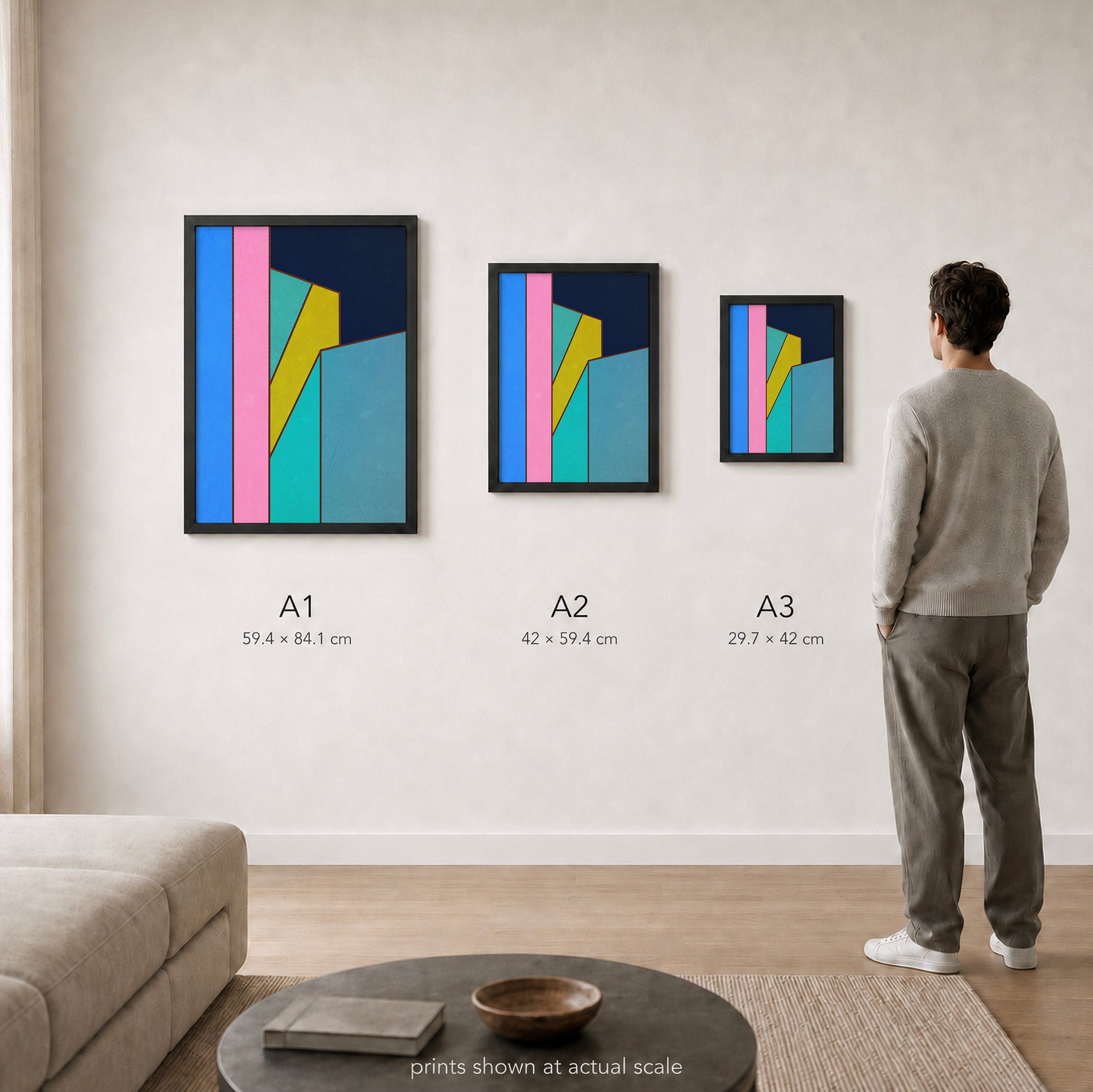 Constructed Fields 02 – A1, A2 and A3 print sizes shown at actual scale in a contemporary interior. Use this image as a size guide. Geometric colour-field abstract art print. Hahnemühle German Etching 310gsm.