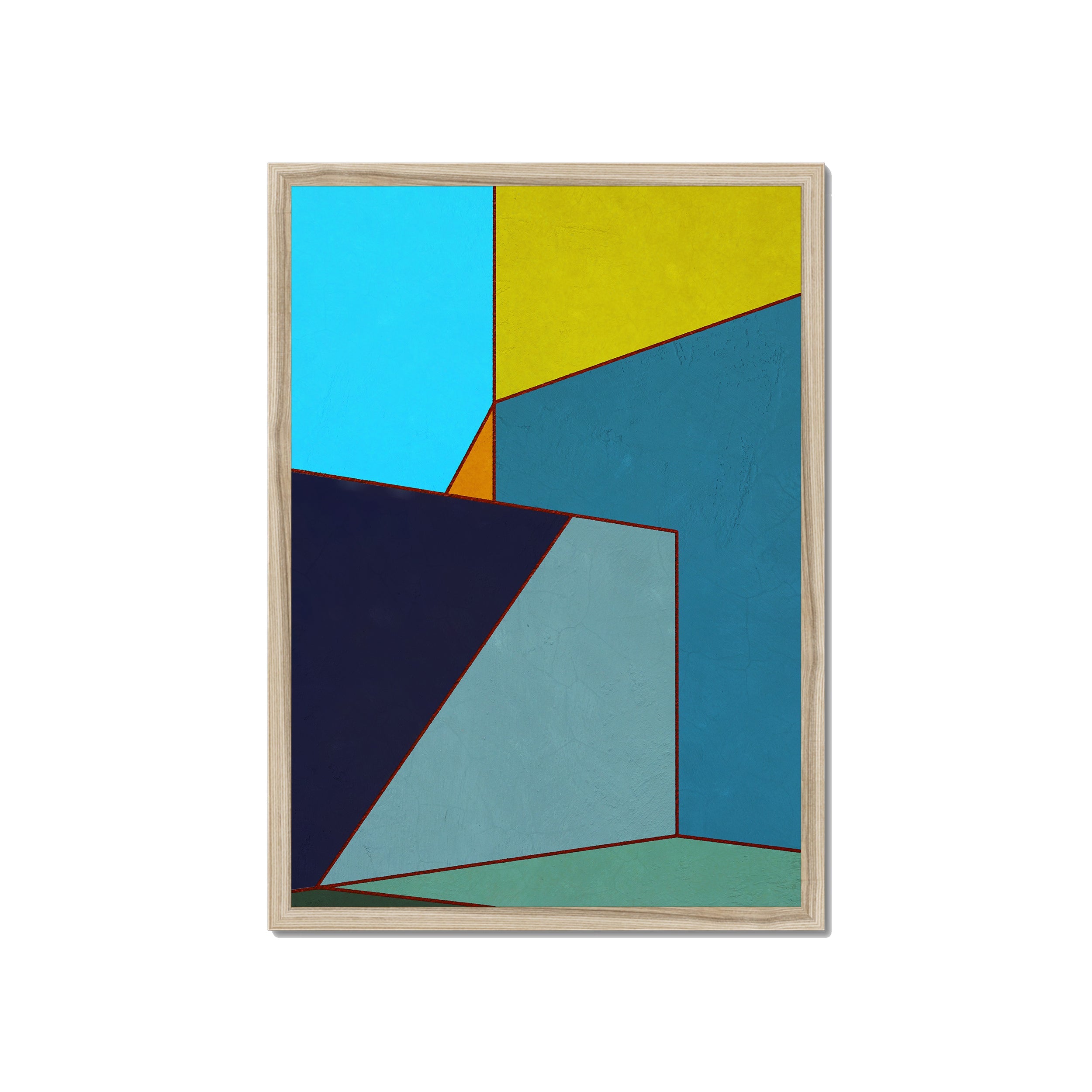 Constructed Fields 03 – A2 fine art print in natural wood box frame (42×59.4cm). Abstract geometric colour-field composition. Hahnemühle German Etching 310gsm. Ready to hang.
