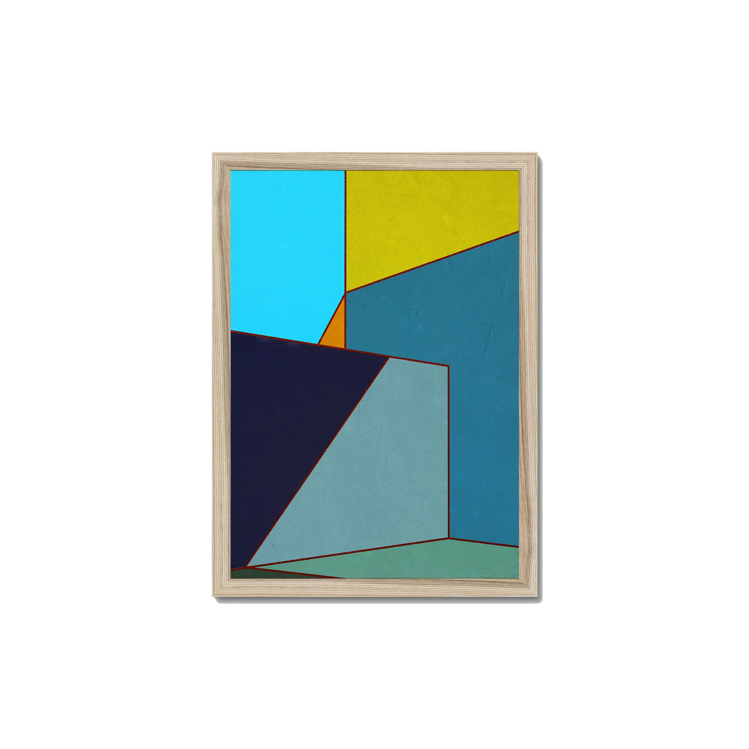Constructed Fields 03 – A3 fine art print in natural wood box frame (29.7×42cm). Abstract geometric colour-field composition. Hahnemühle German Etching 310gsm. Ready to hang.