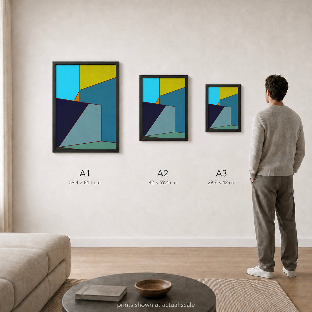 Constructed Fields 03 – A1, A2 and A3 print sizes shown at actual scale in a contemporary interior. Use this image as a size guide. Geometric colour-field abstract art print. Hahnemühle German Etching 310gsm.