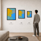 Constructed Fields 04 – A1, A2 and A3 print sizes shown at actual scale in a contemporary interior. Use this image as a size guide. Geometric colour-field abstract art print. Hahnemühle German Etching 310gsm.