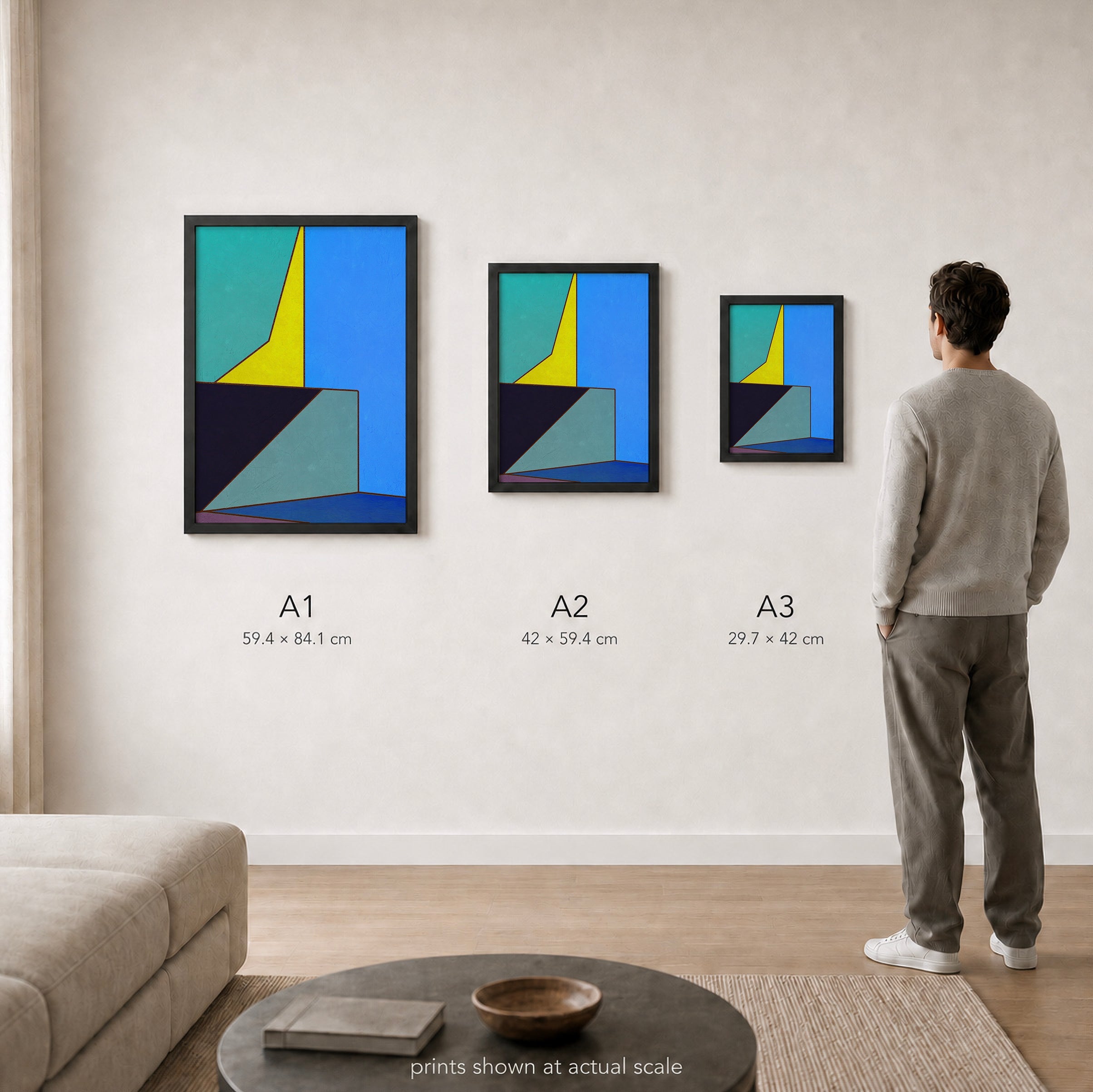 Constructed Fields 05 – A1, A2 and A3 print sizes shown at actual scale in a contemporary interior. Use this image as a size guide. Geometric colour-field abstract art print. Hahnemühle German Etching 310gsm.