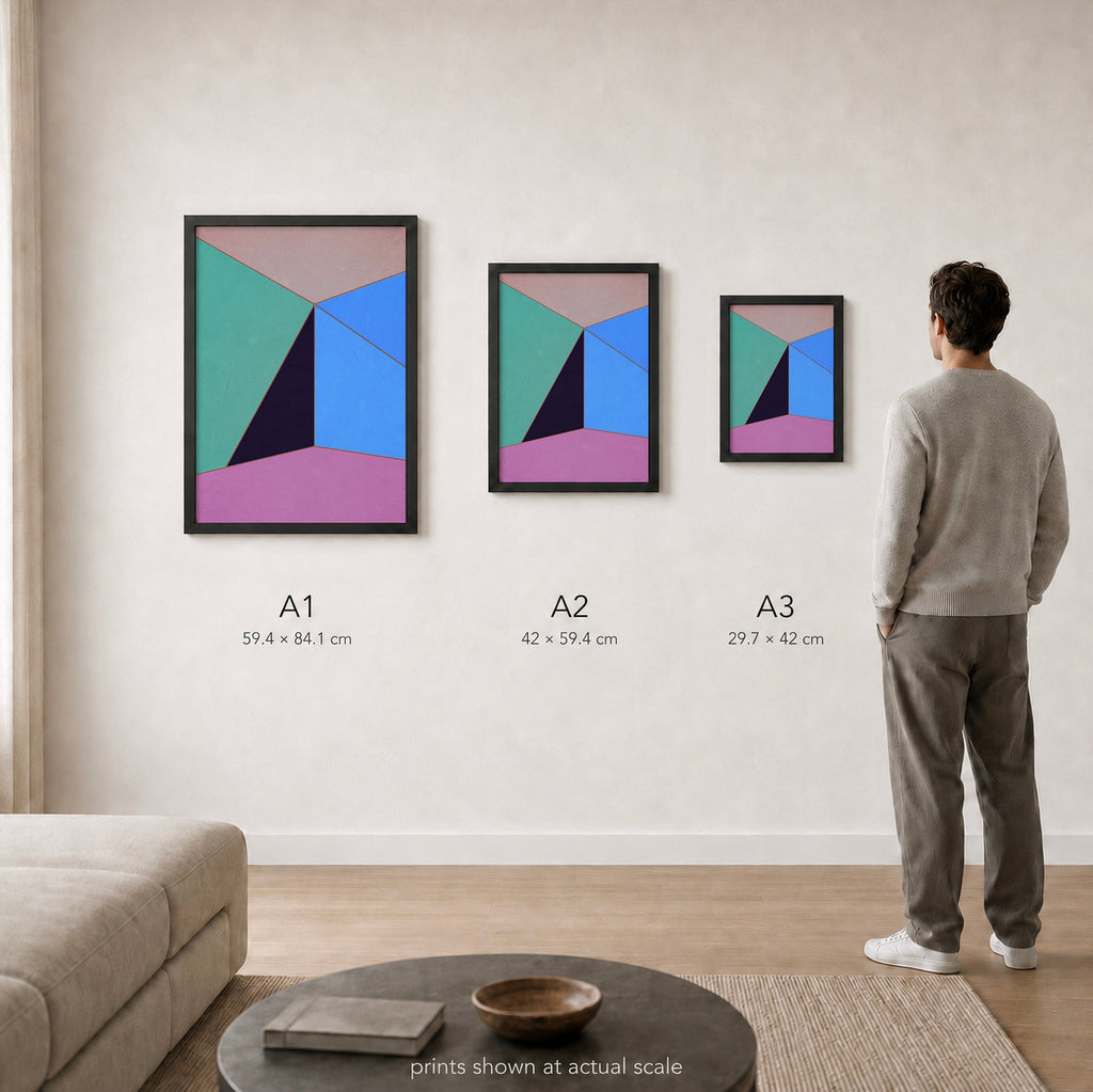 Constructed Fields 06 – A1, A2 and A3 print sizes shown at actual scale in a contemporary interior. Use this image as a size guide. Geometric colour-field abstract art print. Hahnemühle German Etching 310gsm.