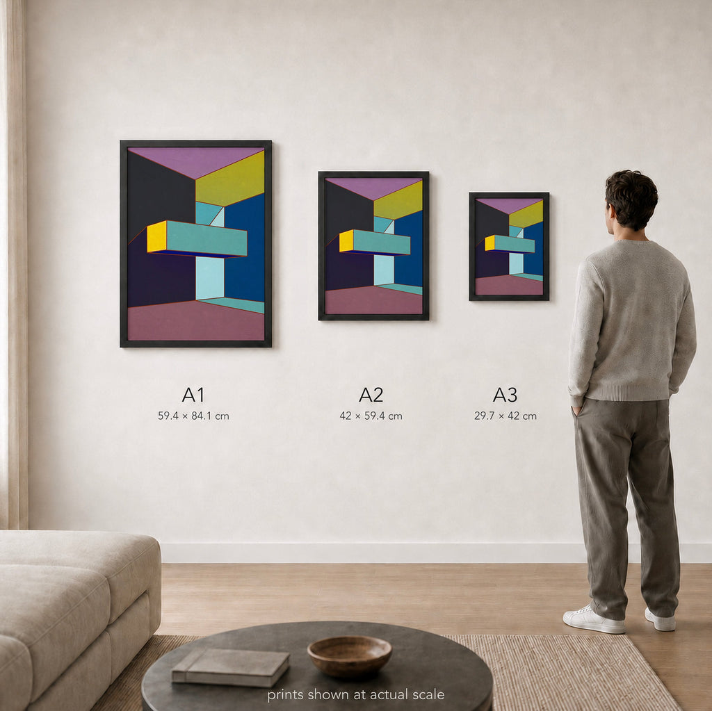 Constructed Fields 07 – A1, A2 and A3 print sizes shown at actual scale in a contemporary interior. Use this image as a size guide. Geometric colour-field abstract art print. Hahnemühle German Etching 310gsm.